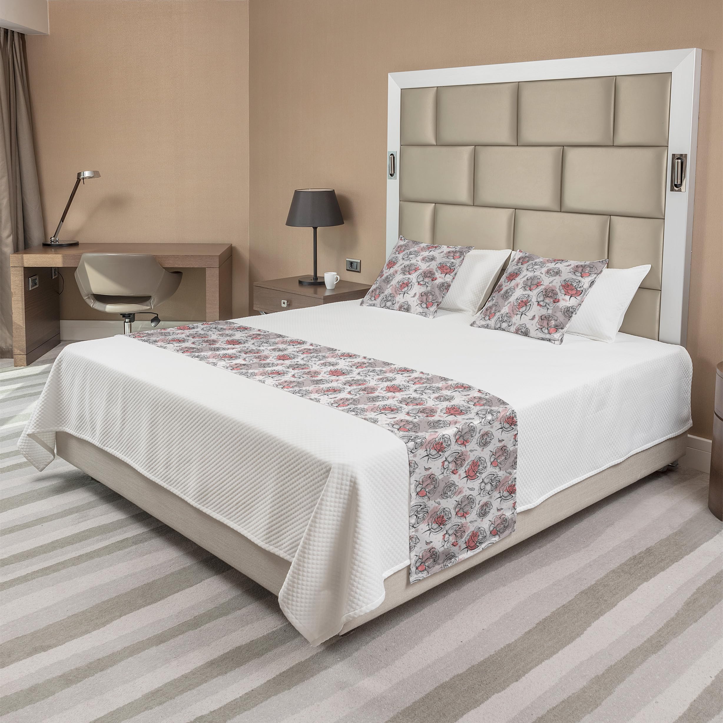 Ambesonne Rose Bed Runner Set - Romantic Floral Design with Pastel Paint Blots, Decorative Bed Scarf & 2 Pillow Shams for King Size Beds | Perfect for Hotels, Bedrooms, and Home Decor in Pale Rose Coral Grey | Elegant Bedroom Accent for Weddings, Guest Rooms & Luxury Styling