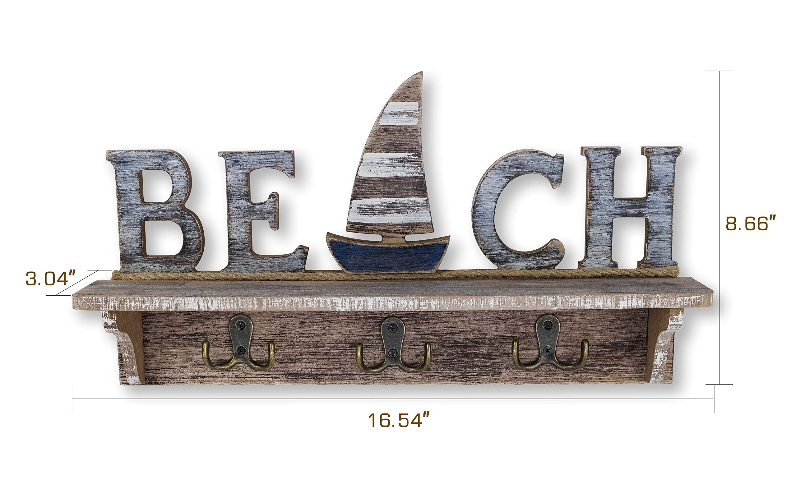 SAILINGSTORY Nautical Beach Wall Decor - Wooden Coat Rack with Shelf & Key Hooks | Perfect for Coastal Home Decor, Entryway Organization & Beach House Style