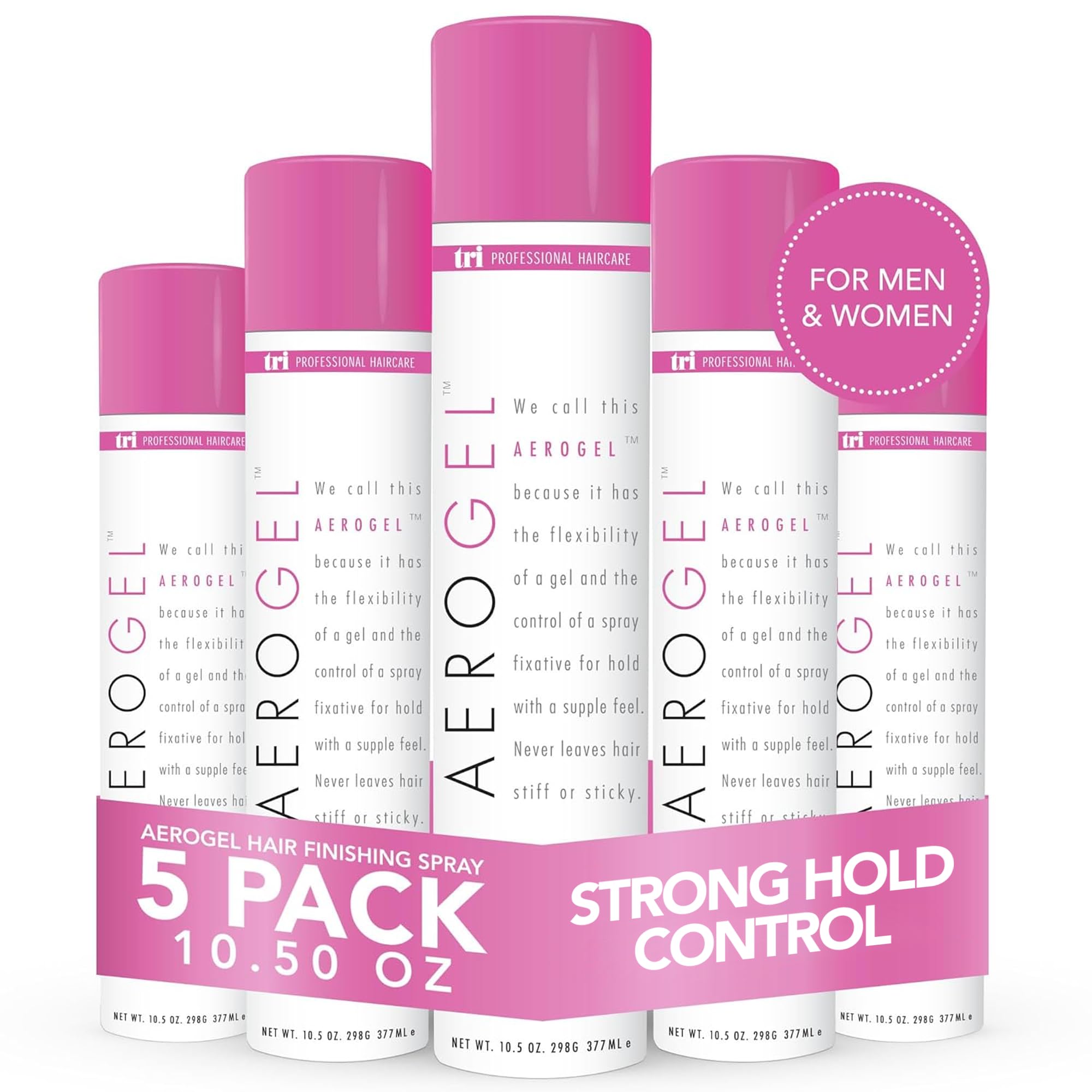 TRI Design Aerogel Hairspray - Strong Hold Hair Finishing Spray for Volumizing & Control, Flexible Styling for All Hair Types, Non-Sticky & Lightly Scented - Unisex Hair Spray for Women & Men - Pack of 5 (10.5 Oz) - Perfect for Daily Styling, Special Occasions & Professional Salon Use
