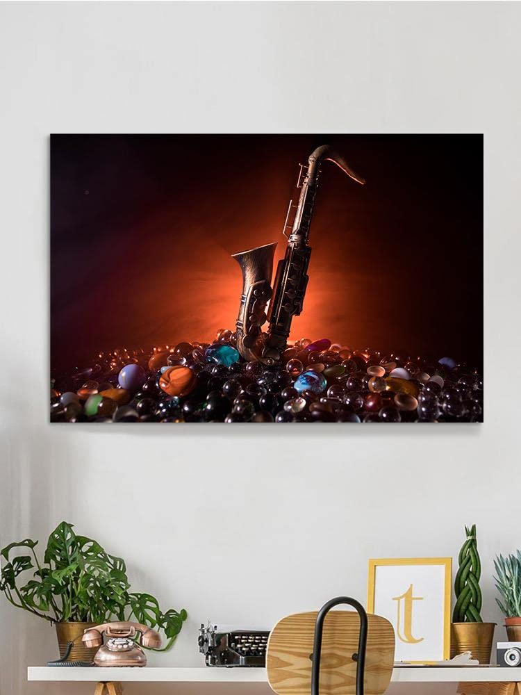Saxophone on Marbles Wrapped Canvas Wall Art - Modern Jazz Music Decor for Living Room, Bedroom & Office