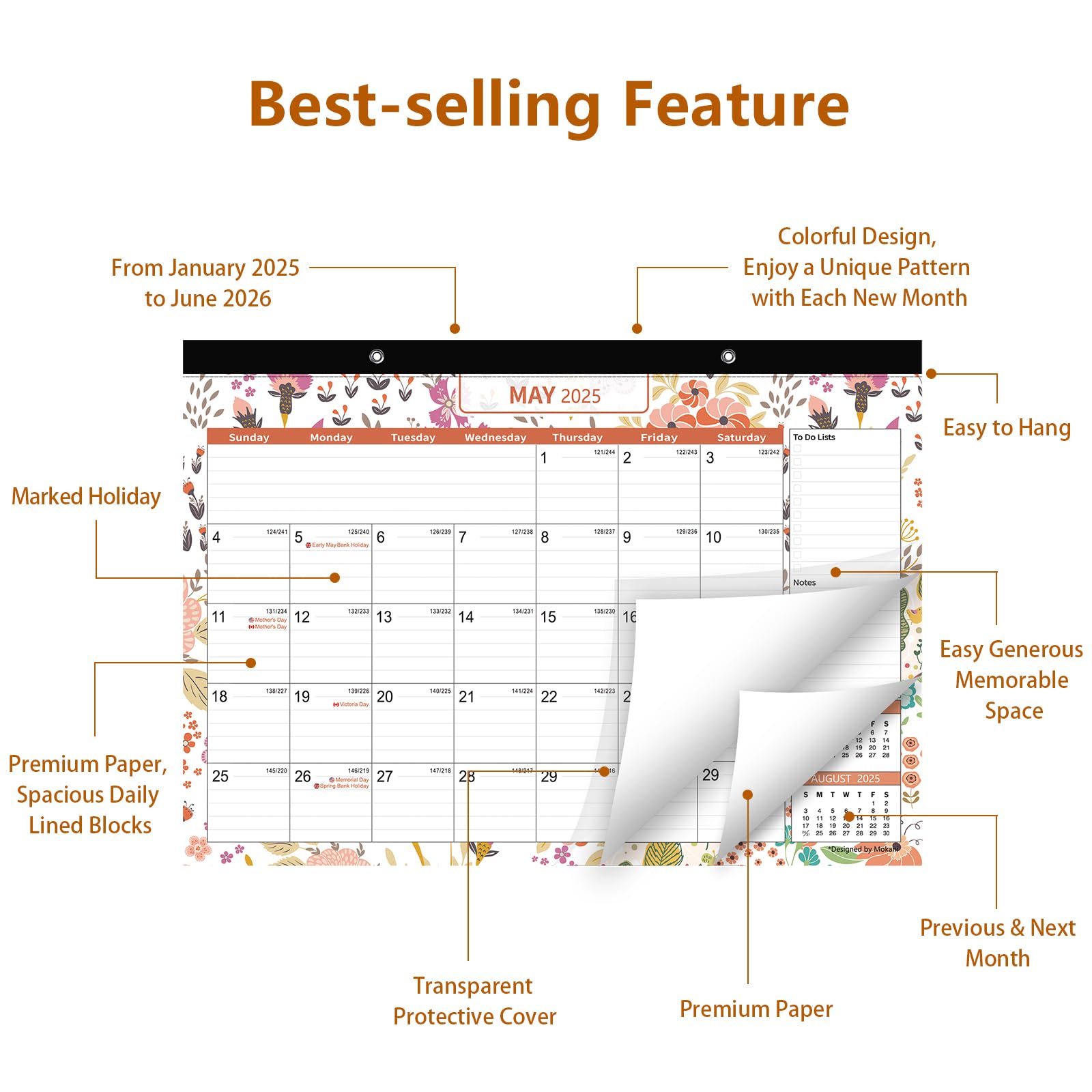 MOKANI 2025-2026 18-Month Large Wall Calendar with Plastic Cover - Jan 2025 to Jun 2026 - 17