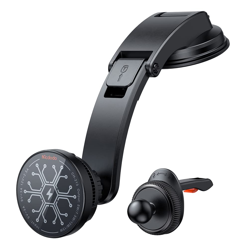 2 in 1 Mcdodo 15W Qi Wireless Car Charger with Cooling Radiator - Fast Charging Phone Holder for iPhone 15/14/13, Samsung Galaxy S23/S22, Air Vent Mount & Stand Clip - Perfect for Road Trips & Commuting