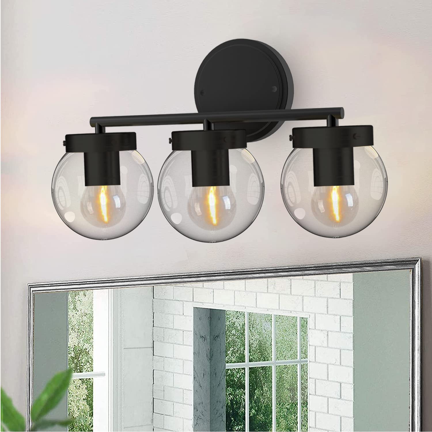 Black Modern Bathroom Vanity Light Fixture - 3 Light Wall Sconce with Clear Spherical Glass Shades, E26 Base, 18 Inch - Perfect for Bedroom, Hallway, Bathroom & Dressing Table Lighting