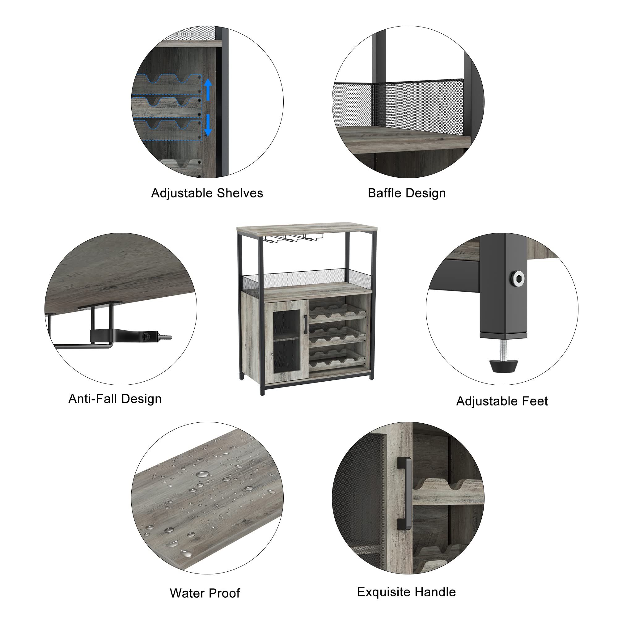 GAOMON Modern Wine Bar Cabinet with Detachable Wine Rack & Glass Holder - Grey Buffet Sideboard with Mesh Door for Dining Room, Kitchen, or Living Room Storage