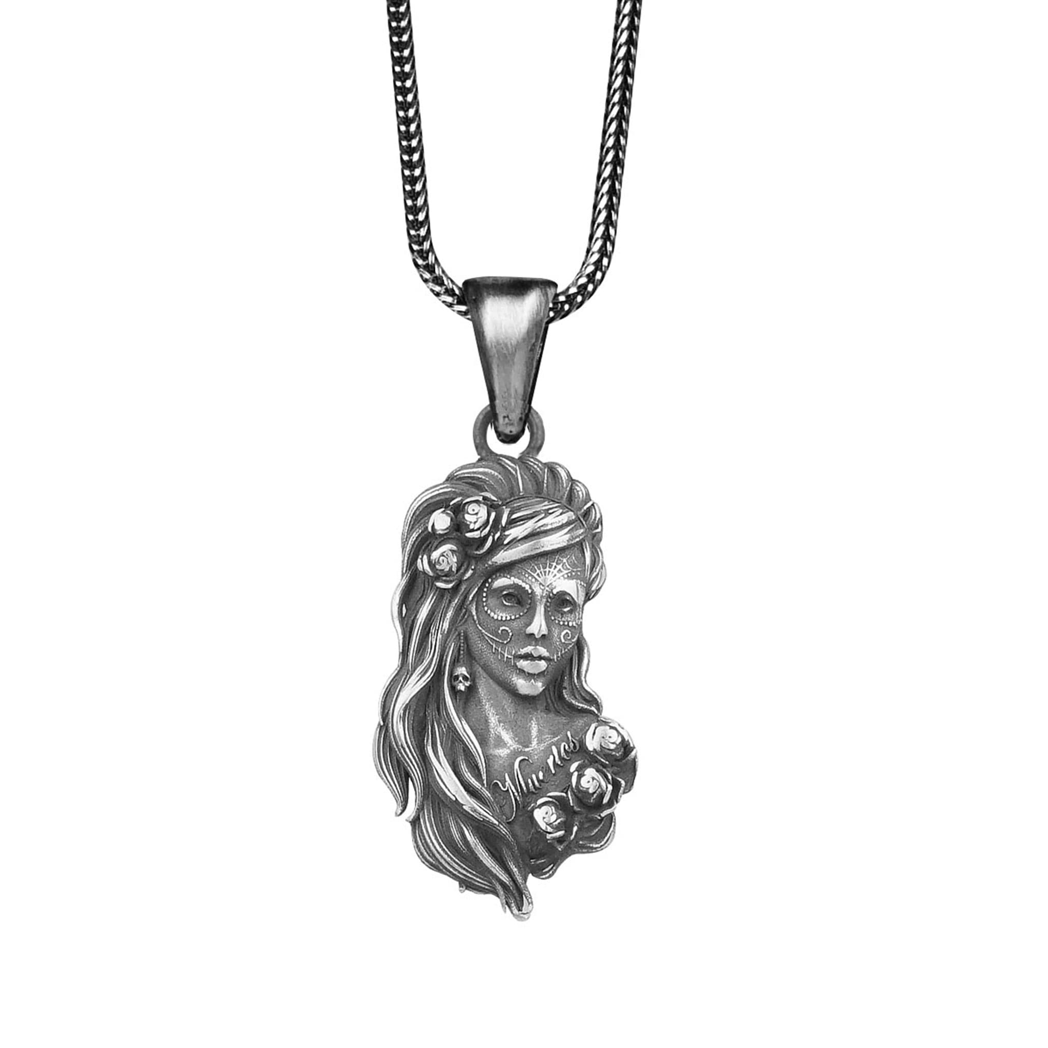 Santa Muerte Necklace - Sterling Silver Grim Reaper Pendant with 24