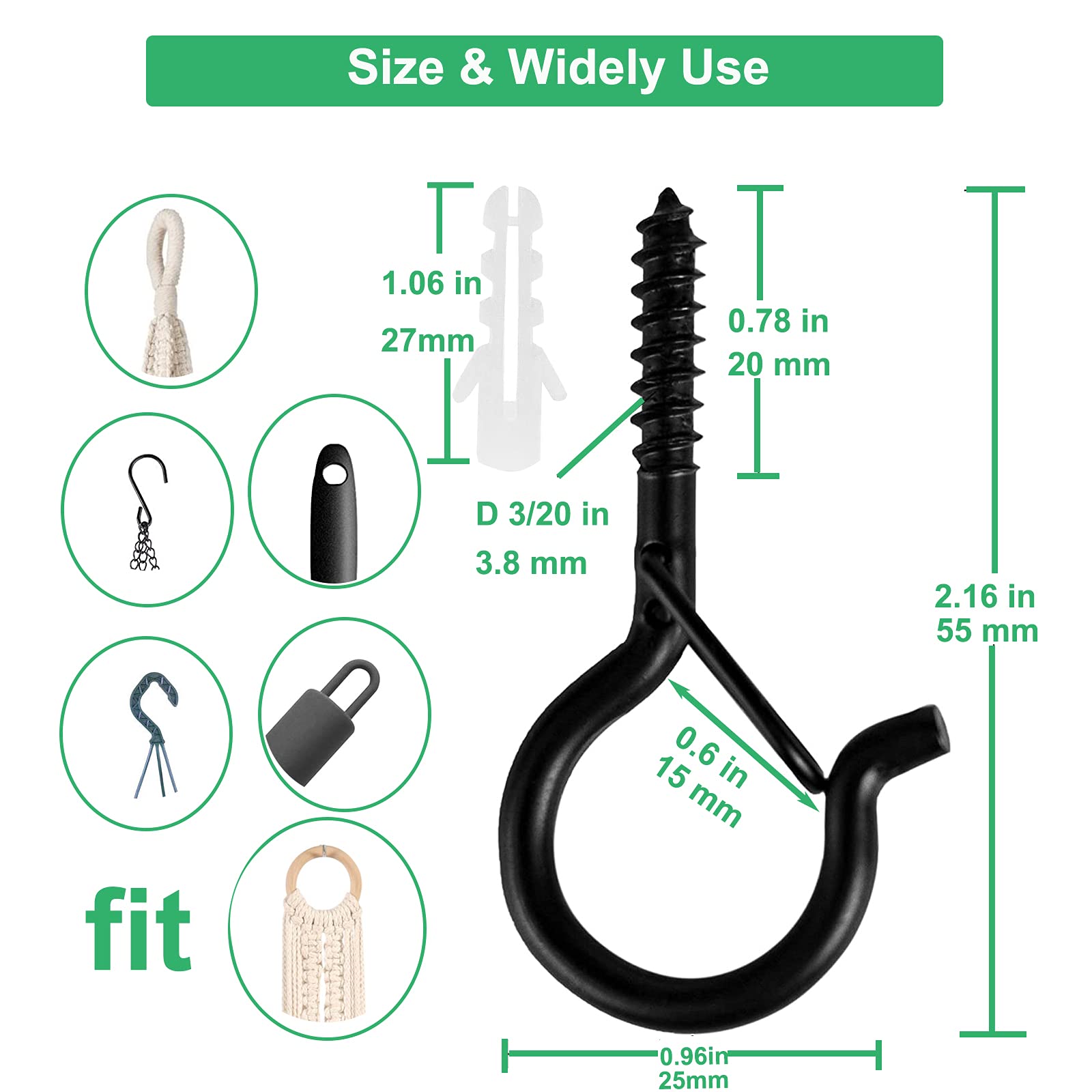30 PCS Black Screw-in Light Hooks (2.2 Inches) - Heavy Duty Windproof Q Hanger Hooks with Safety Buckle for Outdoor String Lights, Hanging Plants, Christmas Decor & Patio Lighting - Perfect for Garden, Backyard, Deck and Home Decor