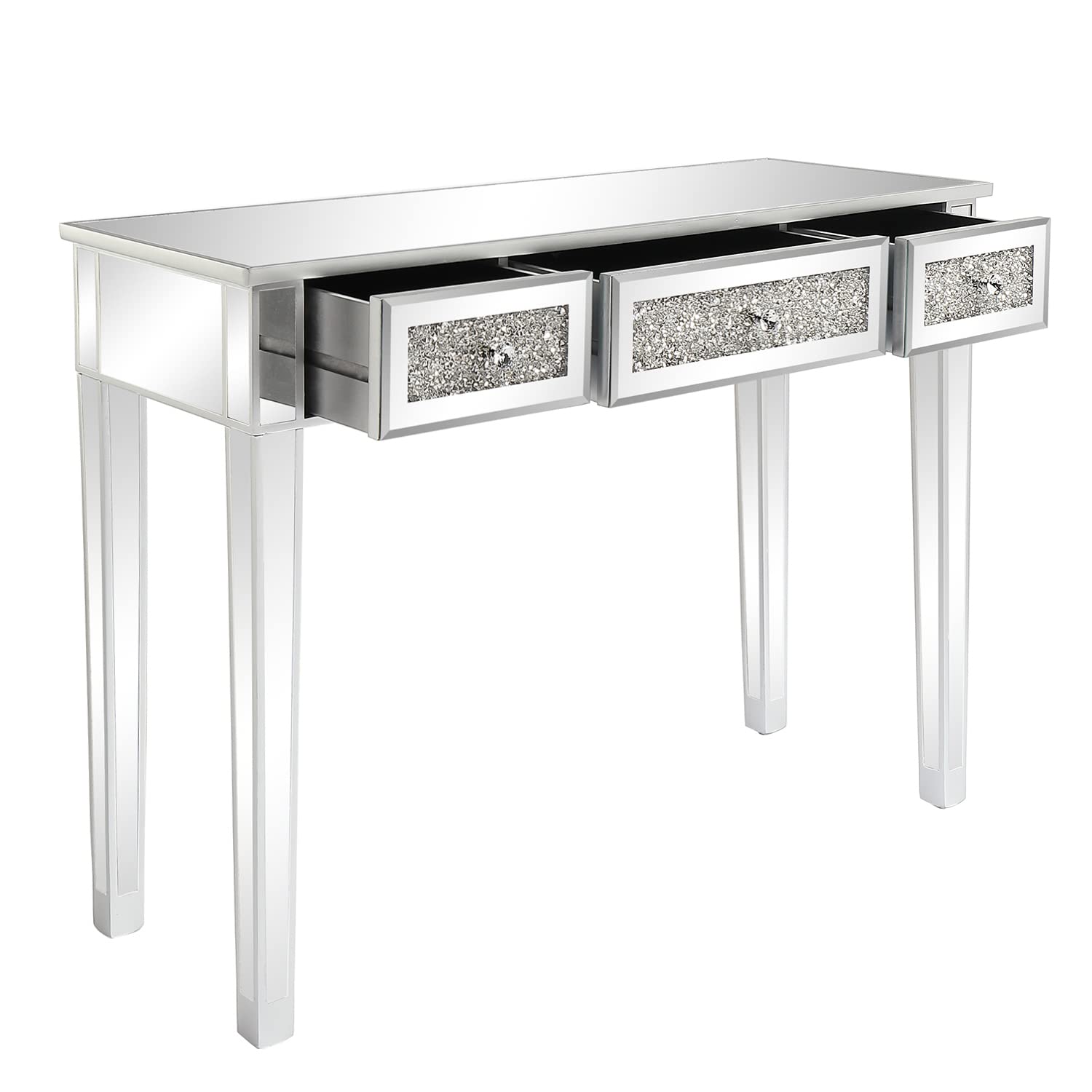 Modern Mirrored Console Table with 3 Drawers - Vanity Dressing Table, Sofa Side Table & Entryway Desk for Home Office, Bedroom & Hallway - Perfect for Makeup, Storage & Living Room Decor