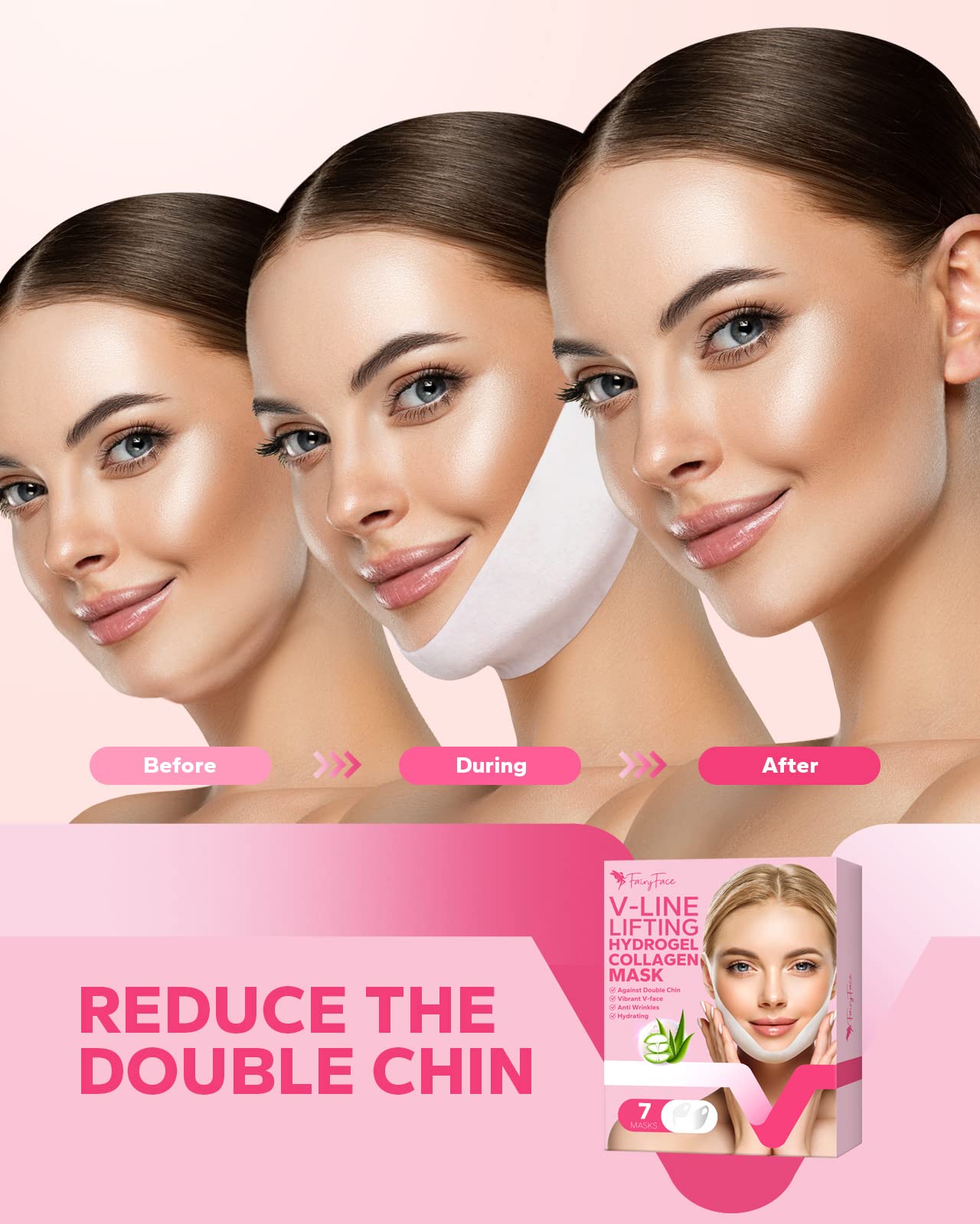 FairyFace V Line Shaping Face Masks (7 Pack) - Double Chin Reducer & Lifting Hydrogel Collagen Mask with Aloe Vera & Seaweed Extract - Anti-Aging & Anti-Wrinkle Treatment for Firming & Slimming - Perfect for Spa Night, Self-Care Routine & Travel Skincare