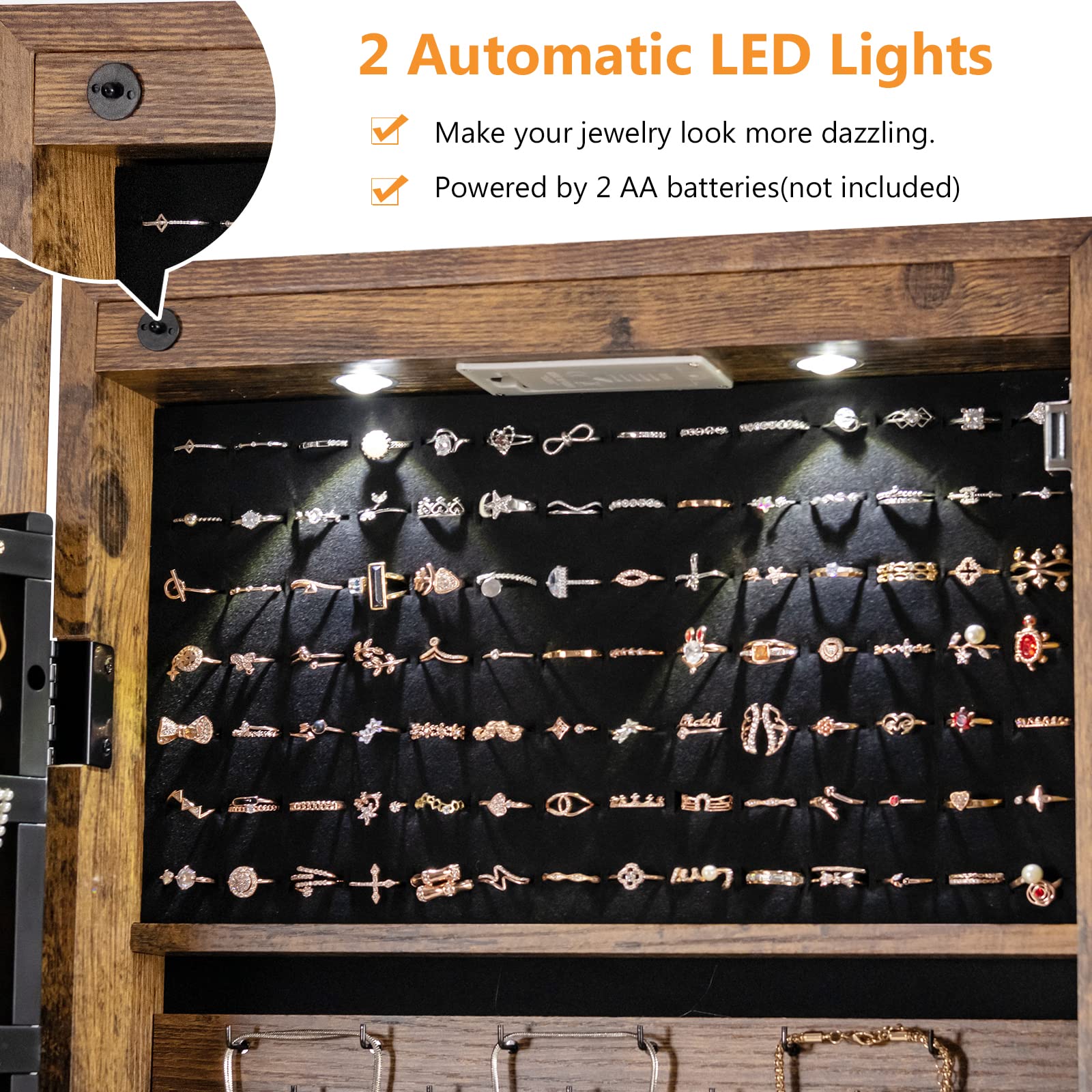 COSTWAY Hanging Jewelry Organizer with Full-Length Mirror & LED Lights - Wall Mount Jewelry Cabinet with Lock, Large Capacity Storage for Necklaces, Rings, Earrings - Perfect for Bedroom, Closet or Dressing Room (Rustic Brown)