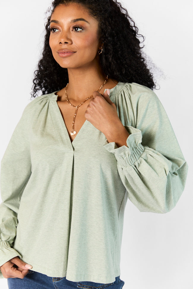 Simply You Sage Knit Notched Neck Long Sleeve Blouse for Women - Comfortable Office & Casual Wear - Elegant Green Knit Top for Work, Date Night & Everyday Outfits