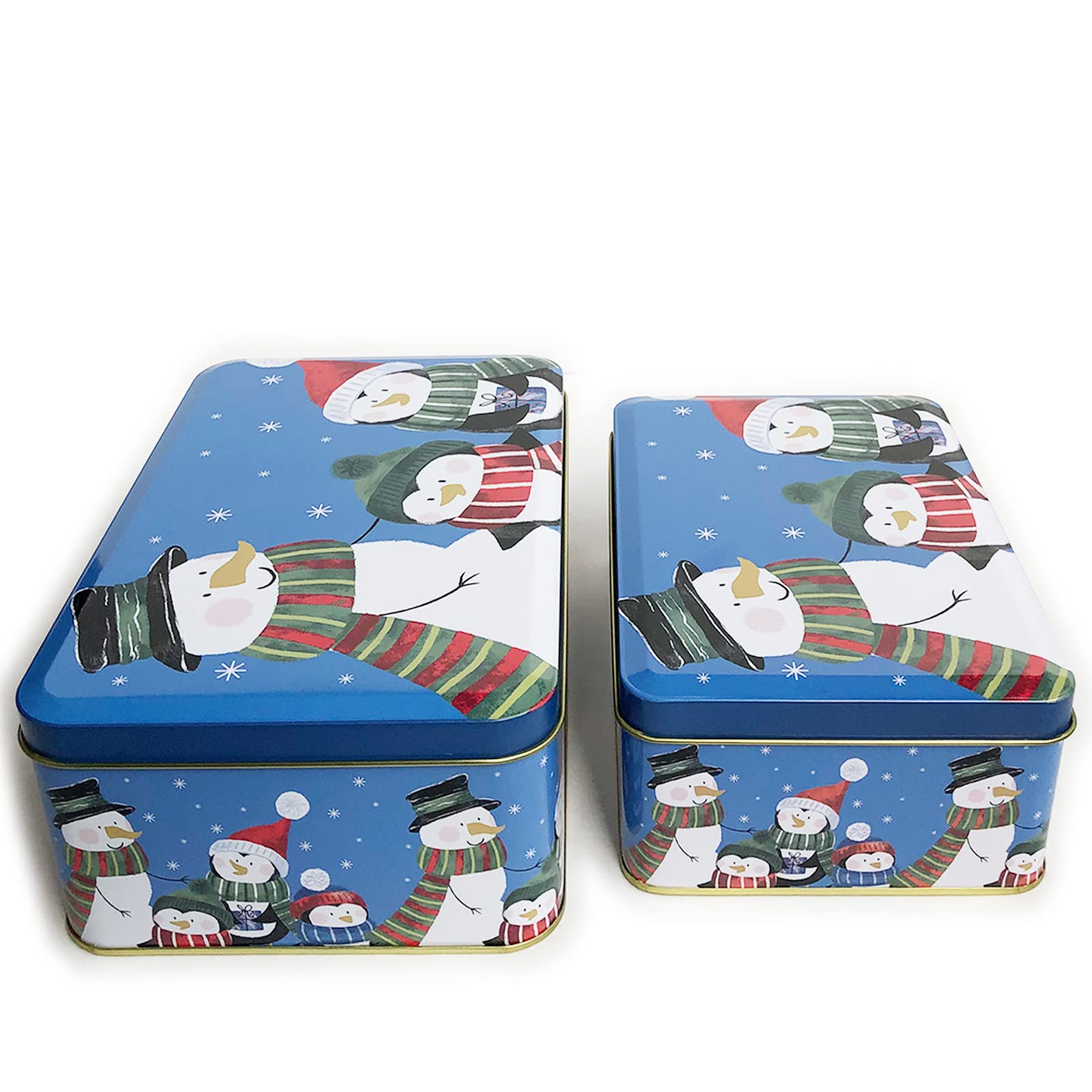 Christmas Cookie Tins with Lids - 2 Pack Metal Gift Boxes for Holiday Treats, Candy, Chocolate & Nuts | Empty Rectangle Snack Storage Containers | Festive Blue Penguin Design | Perfect for Gift Giving, Cookie Swaps & Home Storage