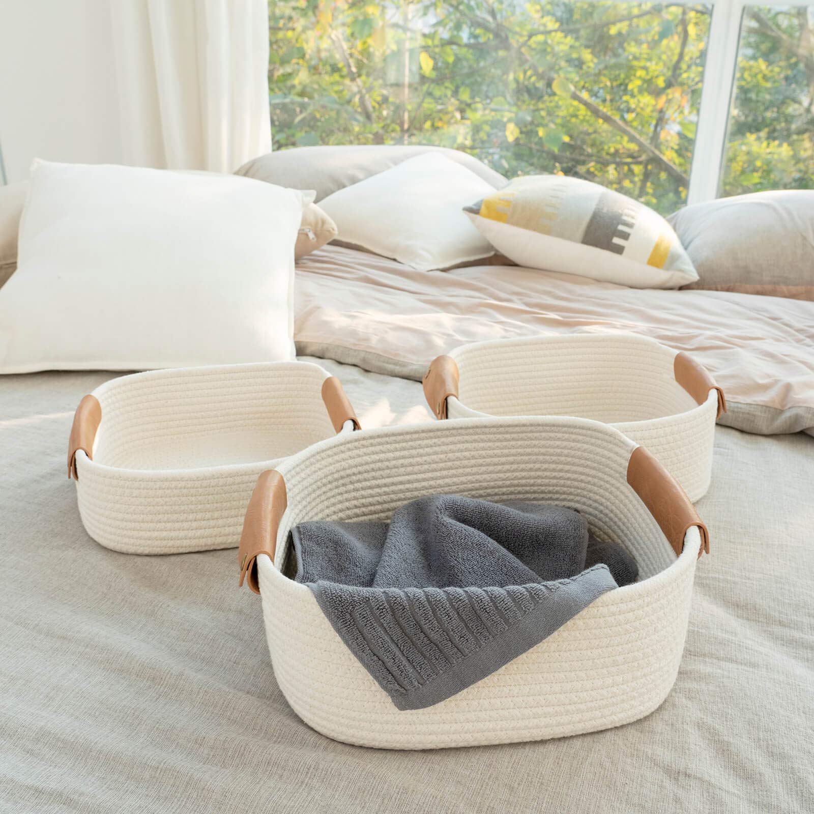 CHICVITA 3-Pack Rectangular Cotton Rope Storage Baskets with Handles - Woven Organizer for Books, Magazines, Toys | Perfect Nursery, Living Room & Home Decor Gift | Great for Baby Rooms, Shelves and Closet Organization