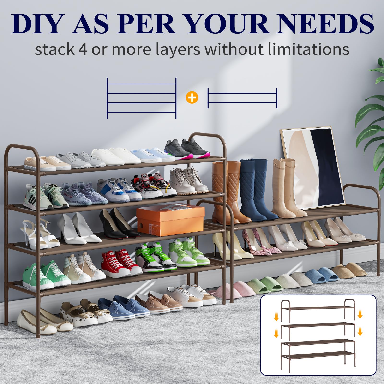 Kitsure Large Brown Shoe Rack - Sturdy Stackable Shoe Organizer for Closet, Front Door Entryway & Garage - Space-Saving Shoe Shelf Cabinet for Home, Apartment & Office Organization