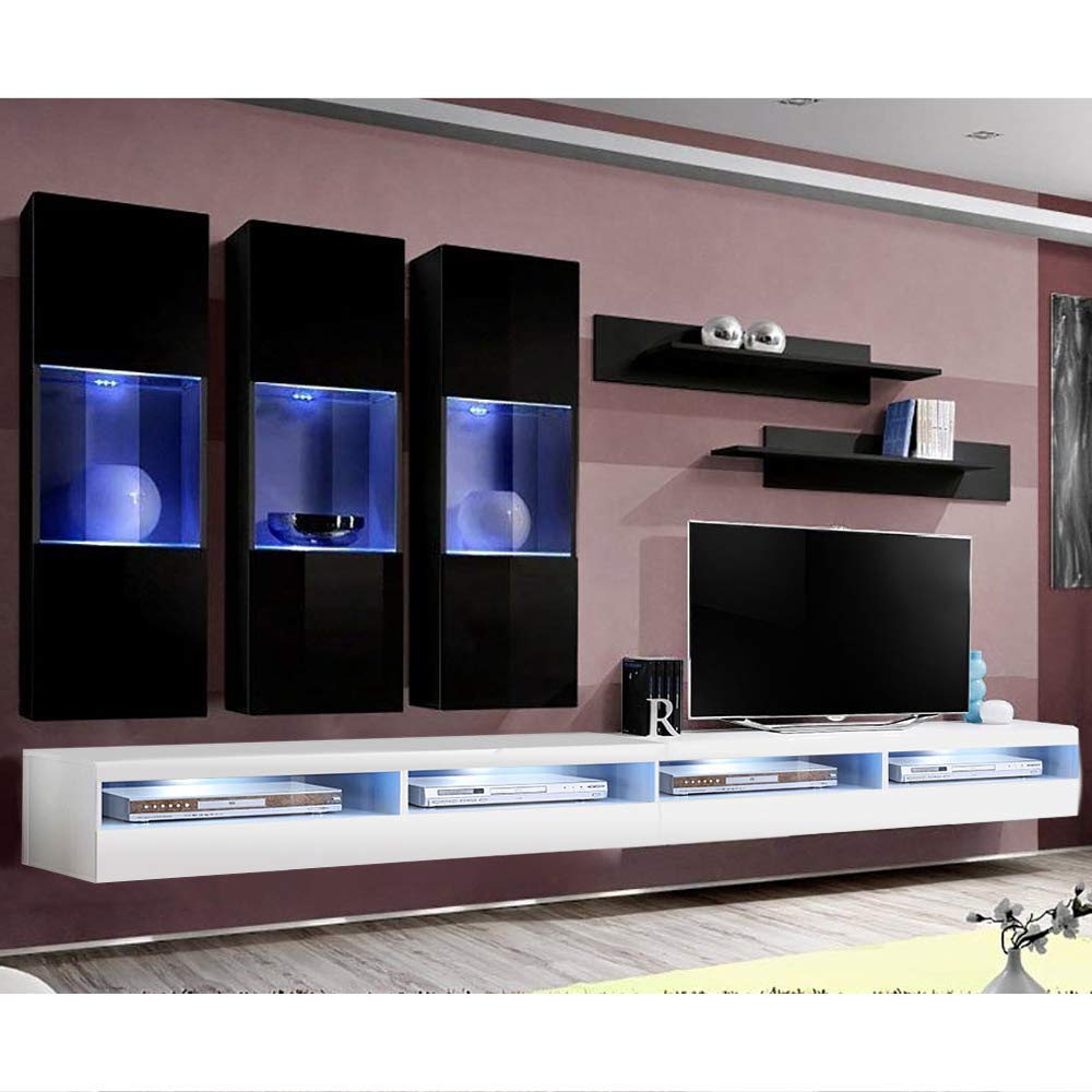 Fly E2 35TV Wall-Mounted Entertainment Center - Modern Floating TV Stand with Storage Shelves & LED Lights for Bedroom & Living Room - Black/White - Perfect for Small Spaces & Home Theater Setup