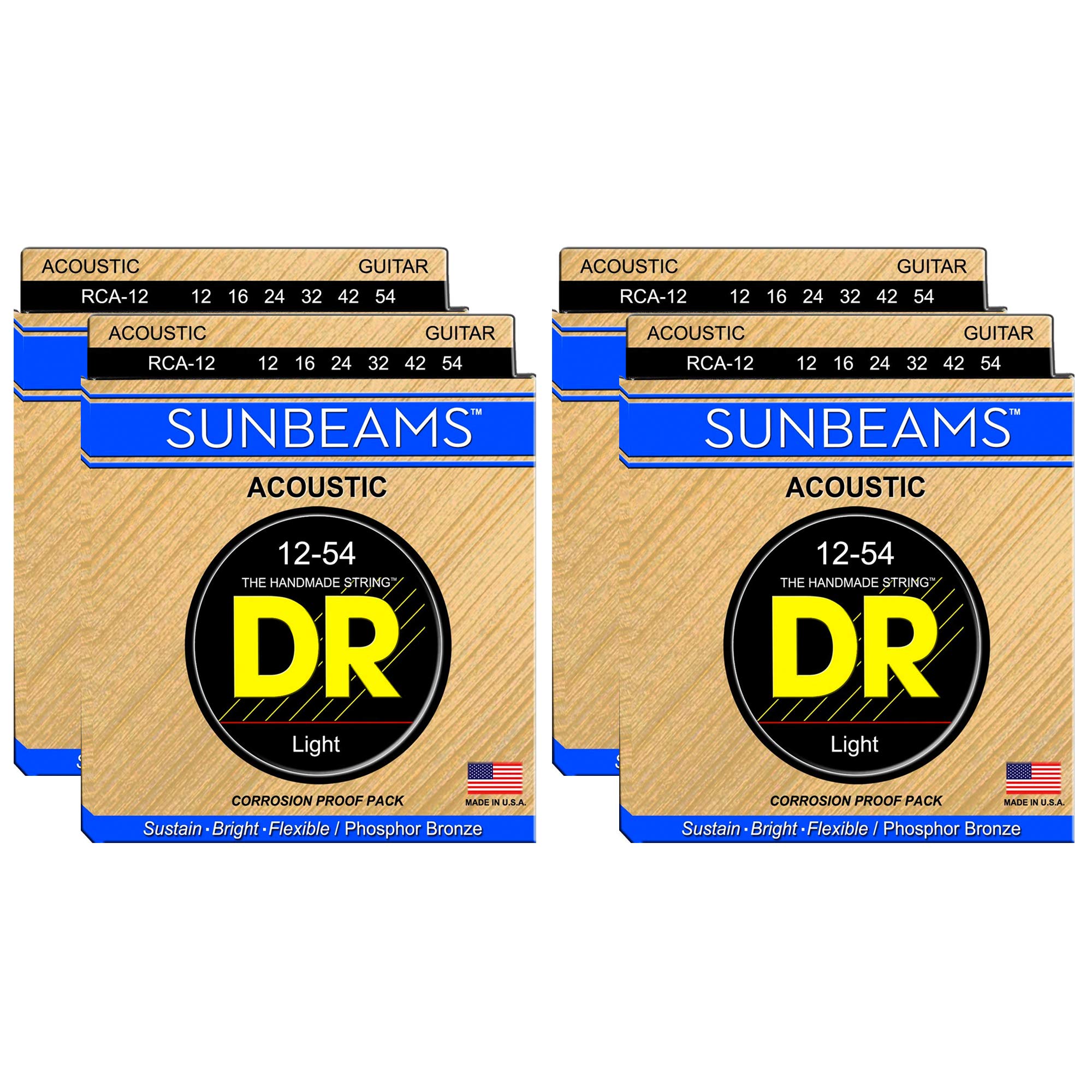 DR Strings Sunbeam Acoustic Guitar Strings 12-54 Gauge 4-Pack Bundle - Perfect for Folk, Country & Fingerstyle Playing