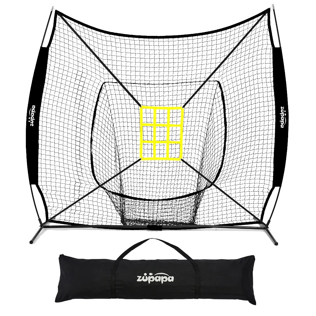 Zupapa 7x7 Feet Baseball & Softball Practice Net with Strike Zone - Includes Tee Caddy, 12 Baseballs & Backstop - Perfect for Batting, Hitting, Pitching & Catching Drills in Backyard, Field or Training Sessions