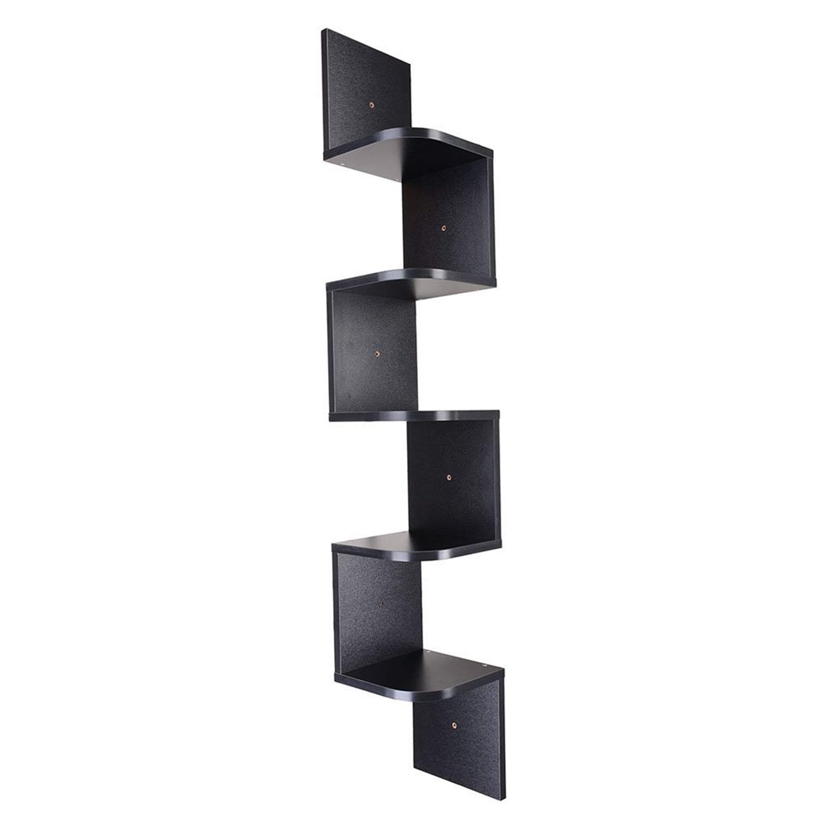 5-Tier Wooden Industrial Corner Wall Shelf - Zig Zag Floating Mount Rack for Bedroom, Living Room & Office - Black Wood Home Furniture - Perfect for Displaying Books, Plants & Decor Items