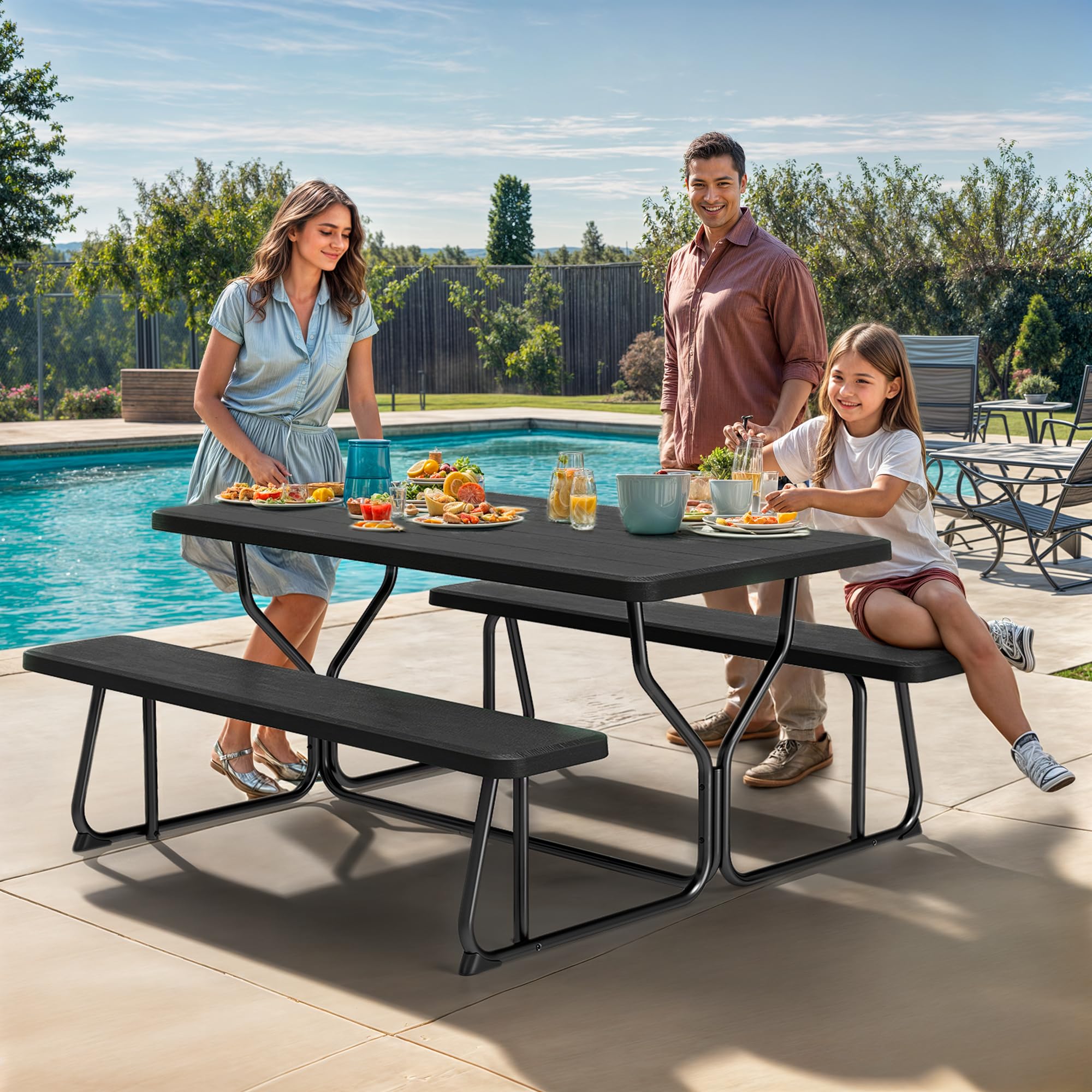 YITAHOME Heavy Duty Outdoor Picnic Table Set with Weather-Resistant Resin Tabletop & Sturdy Steel Frame - Perfect for Backyard, Patio, Lawn, and Outdoor Parties (Black) | Ideal for Family Gatherings, BBQs, and Garden Relaxation