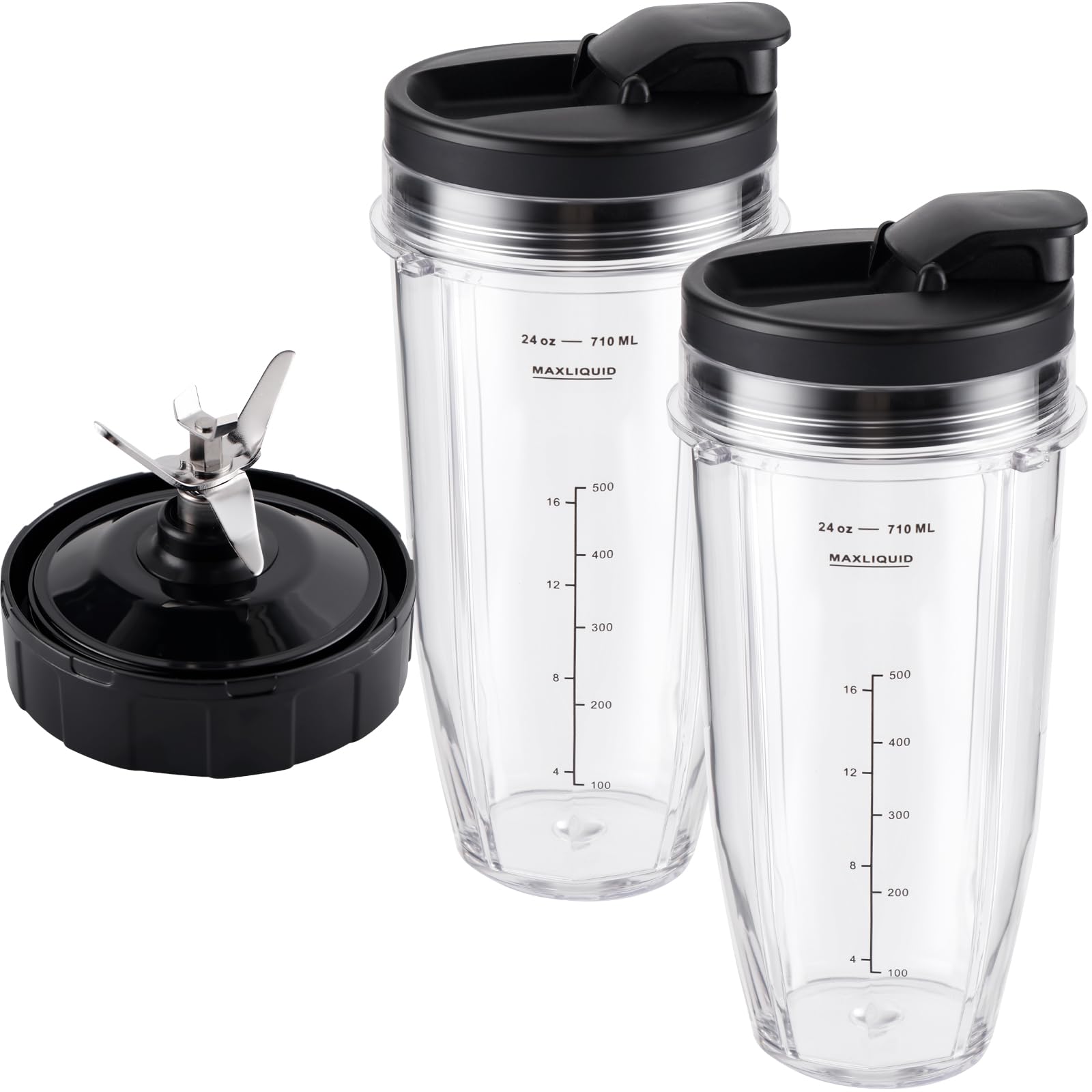 5-Piece Ninja Blender Replacement Set - 24oz Cups with Leakproof Lids & 7-Fin Extractor Blade - Compatible with Nutri Ninja Auto iQ BL2012 BN801 BL480 BL682 BL642 - Perfect for Smoothies, Protein Shakes & Meal Prep On-The-Go