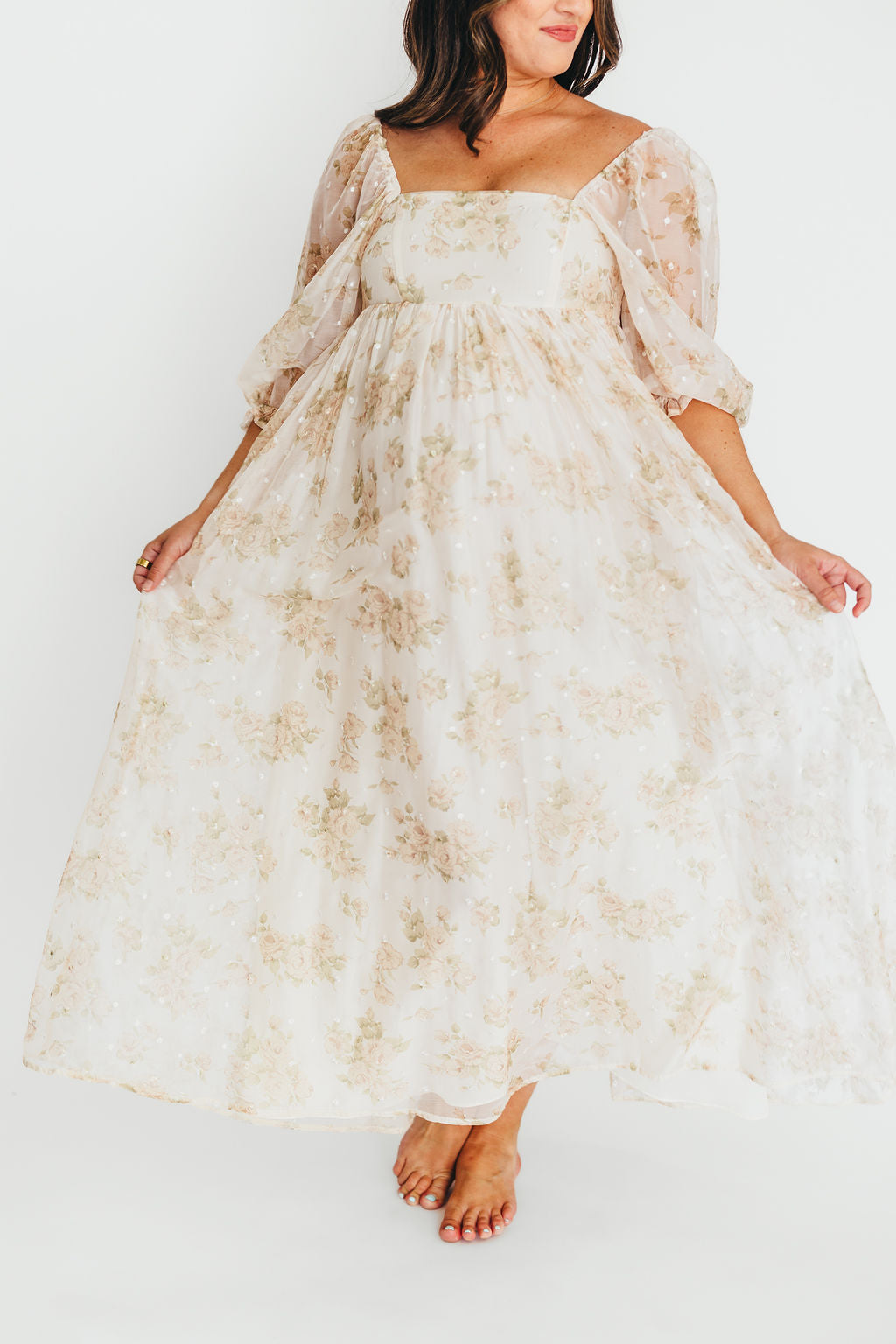 Elegant Cream Floral Smocked Maxi Dress for Women - Bump Friendly Maternity & Inclusive Sizing (S-3XL) | Perfect for Weddings, Beach Vacations & Summer Parties