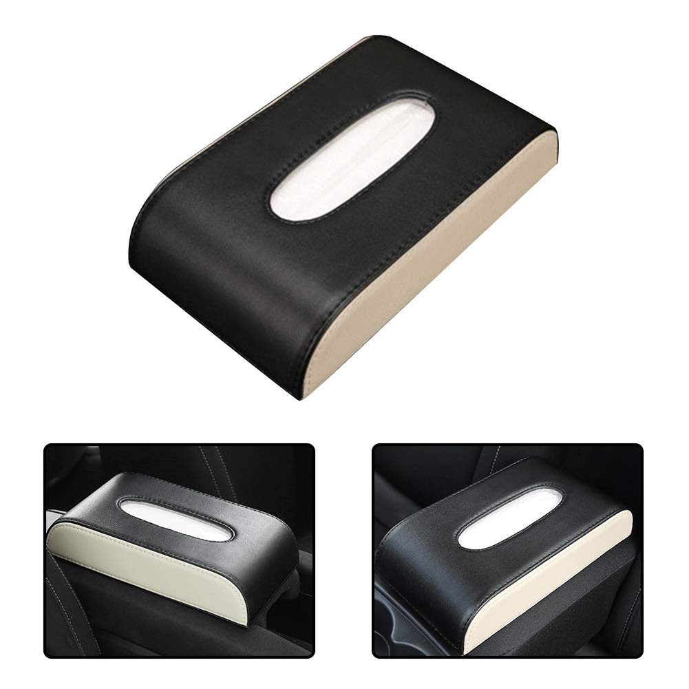 Premium PU Leather Car Tissue Box Holder - Black & Beige Car Organizer for Home, Office & Auto | Compact Tissue Dispenser for Cars, Desks & Countertops