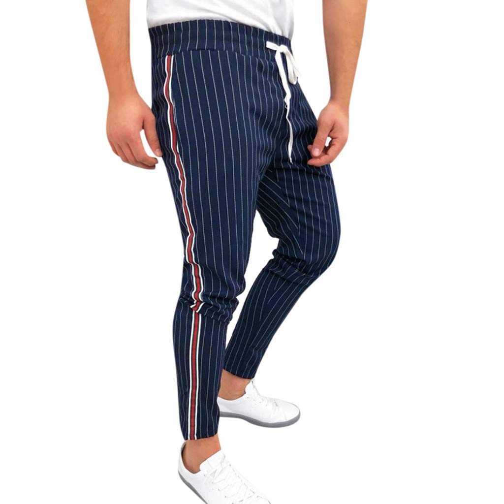 **Men's Poplin Patchwork Striped Joggers - Casual Drawstring Sweatpants with Long Pants Design (Navy, Medium) | Perfect for Lounge Wear, Gym, Travel & Everyday Comfort**