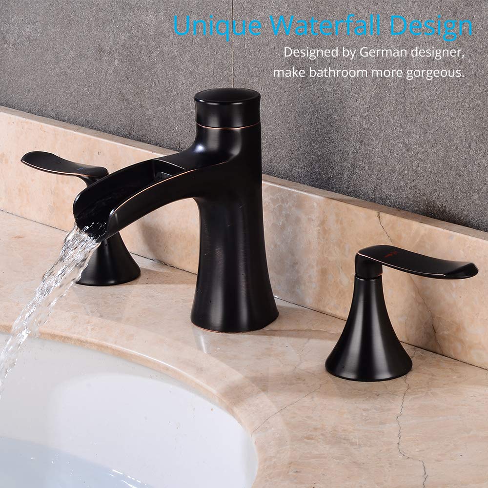 Wovier Oil Rubbed Bronze Waterfall Widespread Bathroom Sink Faucet - Two Handle Three Hole Brass Lavatory Vanity Faucet with Pop Up Drain - 8-16 Inch Basin Mixer Tap for Modern Bathroom & Powder Room