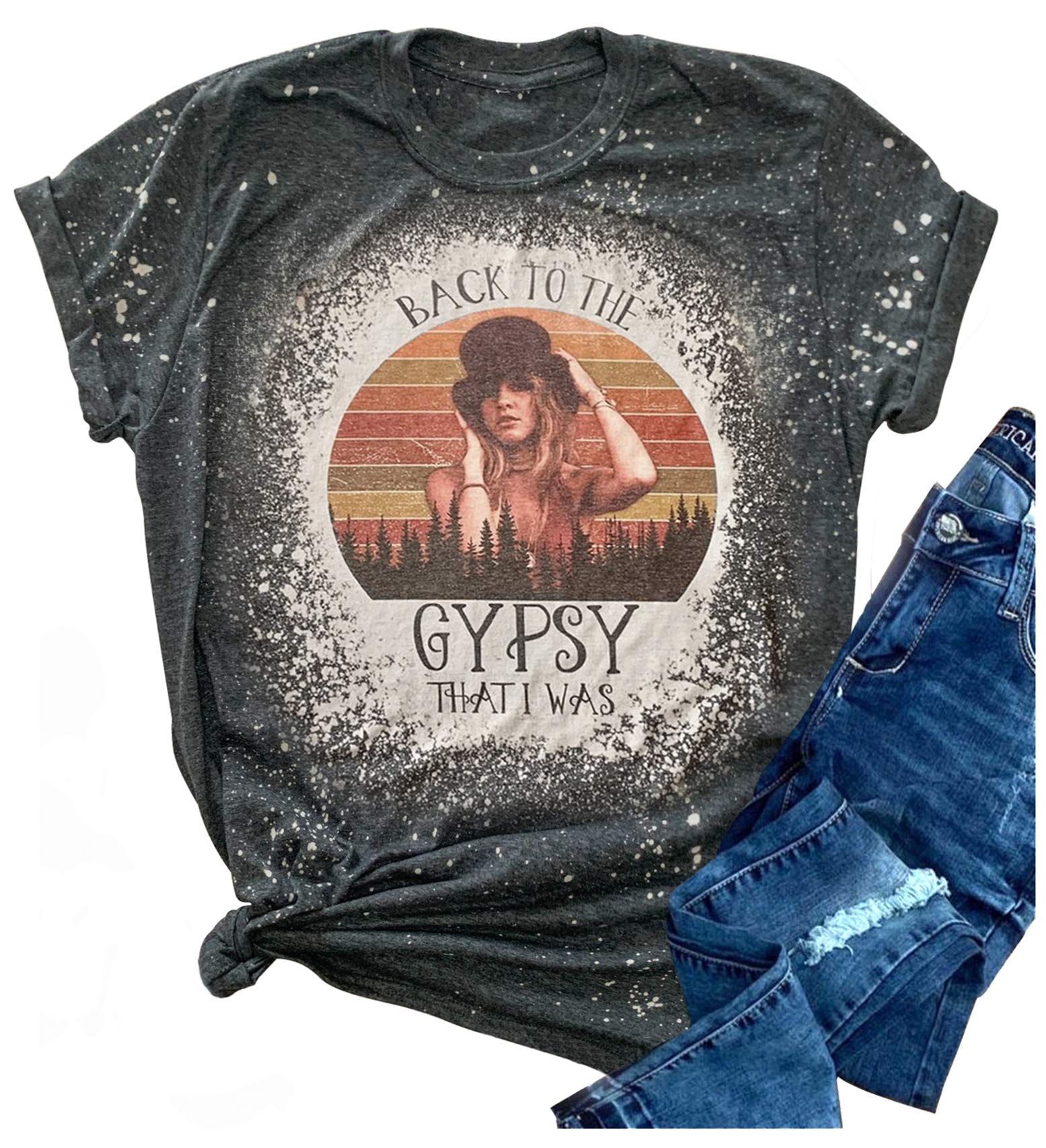 Vintage Bleached Rock Music Graphic T-Shirt for Women - Funny Casual Gypsy Style Top - Perfect for Concerts, Festivals & Everyday Wear