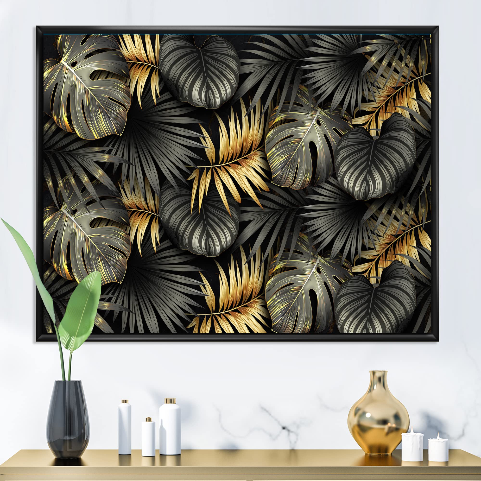 DesignQ Black and Gold Tropical Leaves II - Modern Framed Canvas Wall Art Print for Living Room, Bedroom & Office Decor | Nature Inspired Home Wall Decor