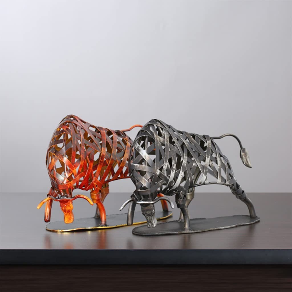 Handmade Metal Iron Braided Bull Statue - Animal Figurine Sculpture for Home & Office Decor, Lucky Cattle Ornament for Bookshelf, Wine Cabinet, Birthday Gift (Wine Red) | Perfect for Farmhouse Decor, Western Theme Parties & Rustic Wedding Centerpieces