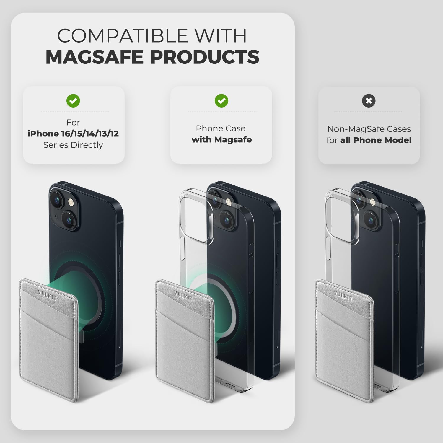VULKIT Magnetic Phone Wallet for MagSafe - Slim RFID Blocking Card Holder for iPhone 16/15/14/13/12 Series - Secure Wallet Case with Strong Magnets (Silver) | Perfect for Everyday Carry, Travel & Contactless Payments