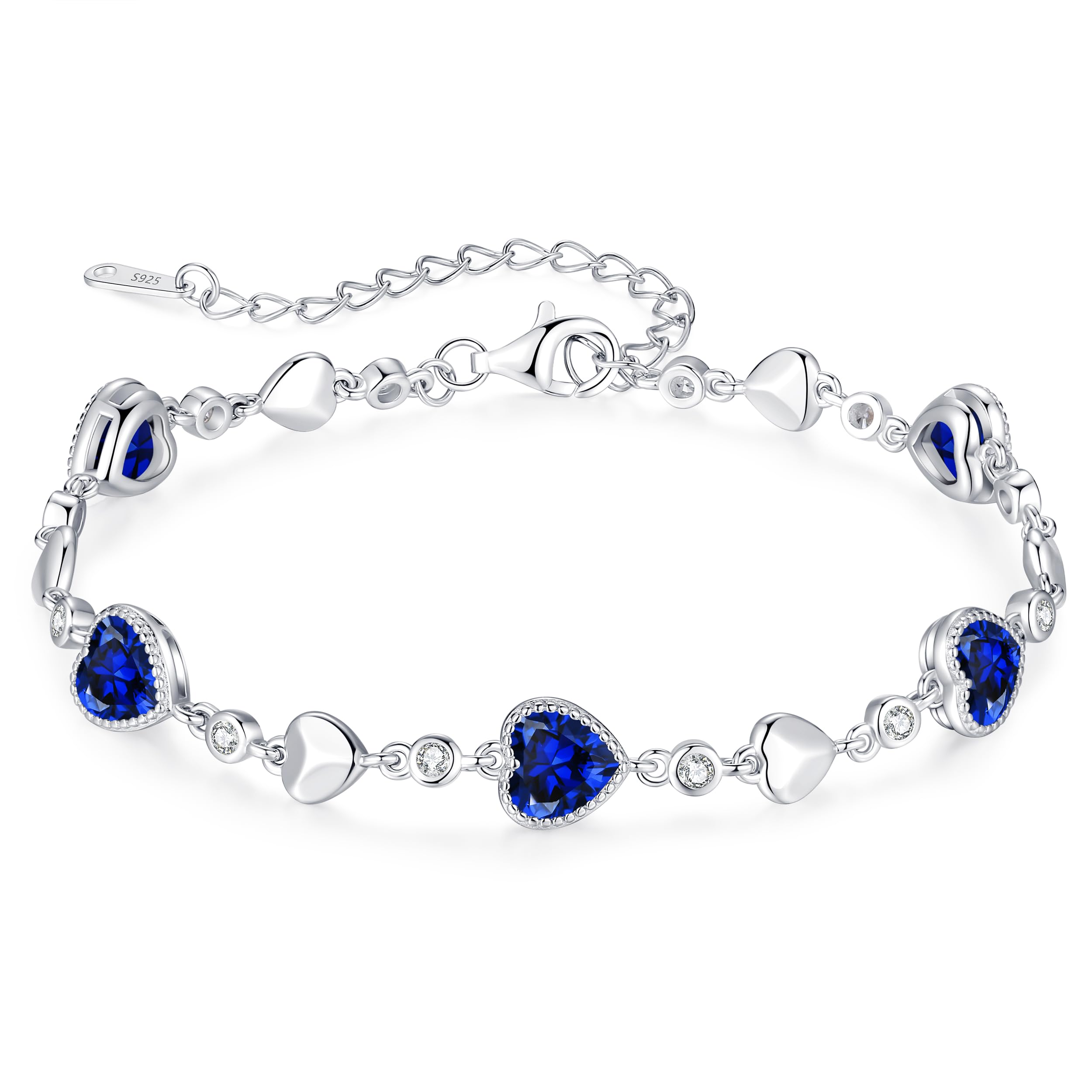 LOUISA SECRET 925 Sterling Silver Five Love Heart Birthstone Bracelet for Women - Elegant Charm Link Bracelet Gift for Wife, Mom, Girlfriend - Perfect for Birthday, Anniversary, Christmas & Everyday Wear