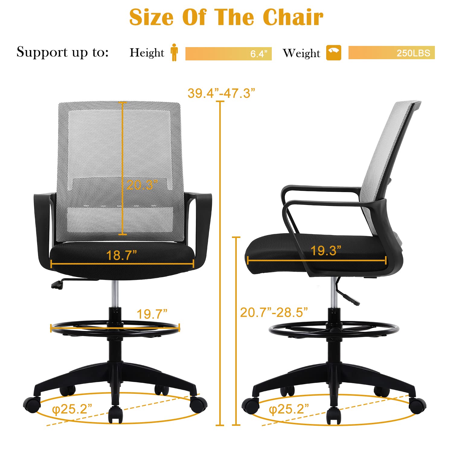 Ergonomic Drafting Chair - Adjustable Height Mid Back Office Chair with Lumbar Support & Foot Ring - Mesh Computer Stool for Standing Desk - Perfect for Architects, Designers & Long Work Hours