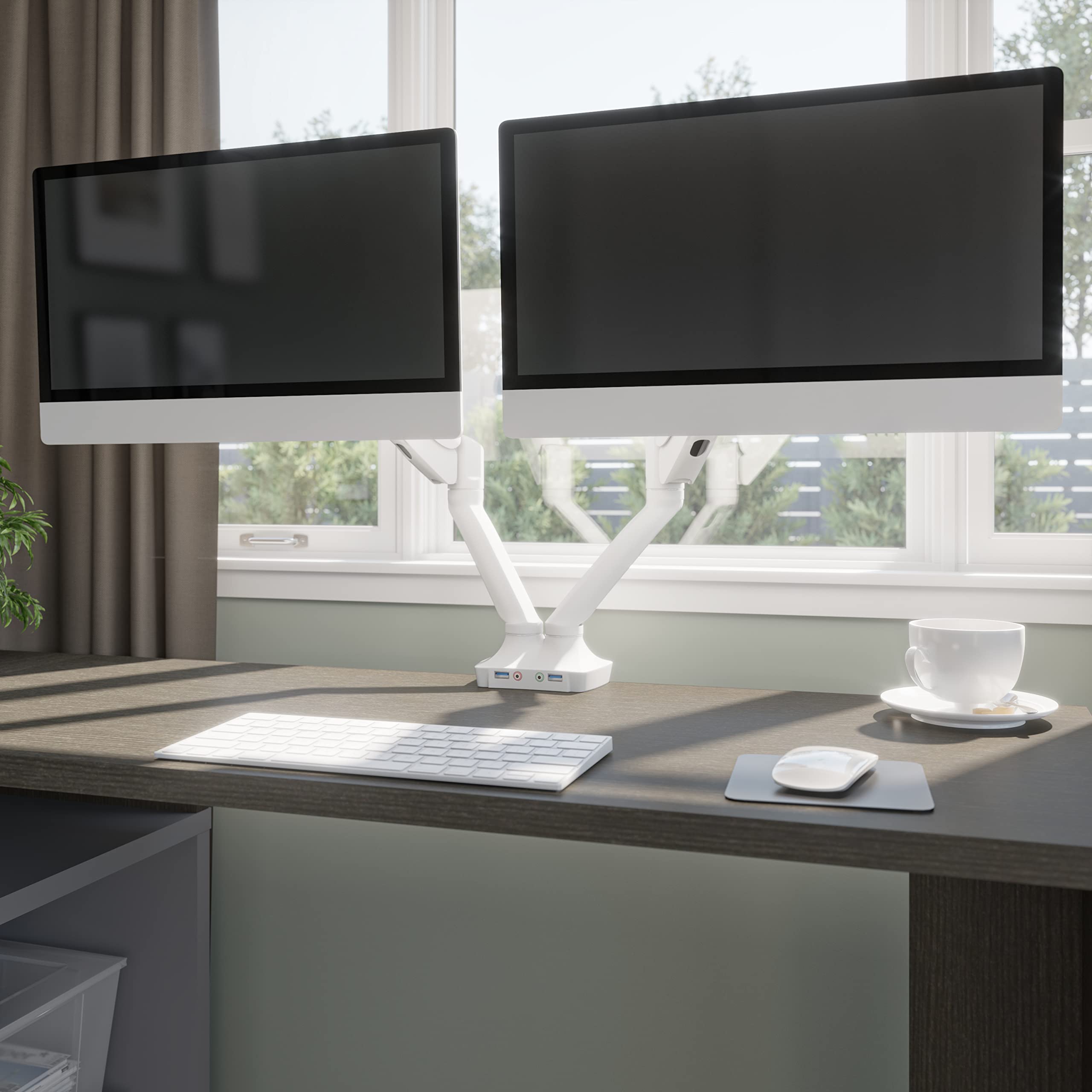 Bestar Universal Dual Monitor Arm with Pistons - White | Adjustable Ergonomic Desk Mount for Home & Office | Perfect for Gaming, Work & Productivity