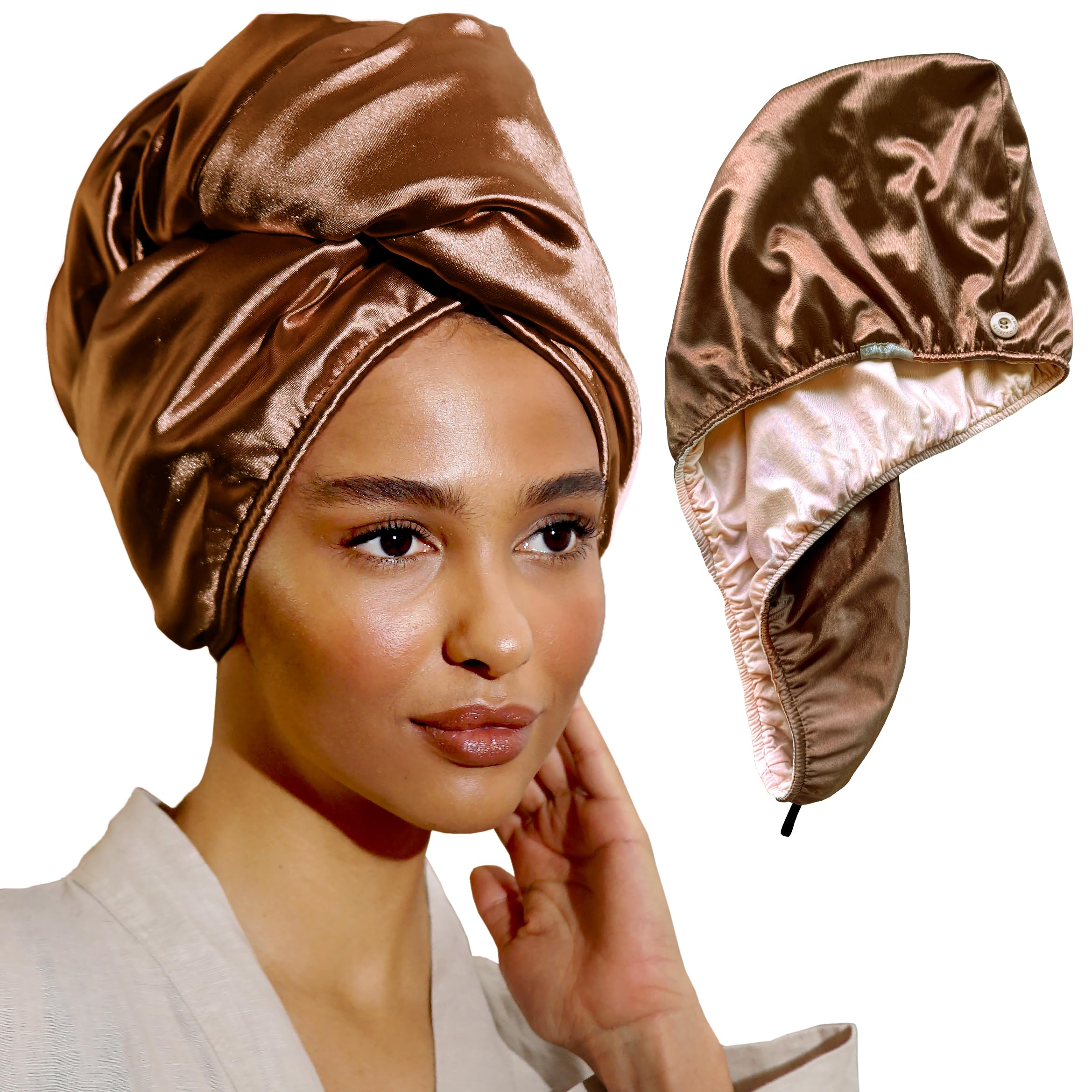 Satin Hair Wrap Towel for Women - Double Layer Curly Hair Turban for Gentle Drying, Pink & Bronze | Perfect for Post-Shower, Salon Styling & Overnight Hair Care