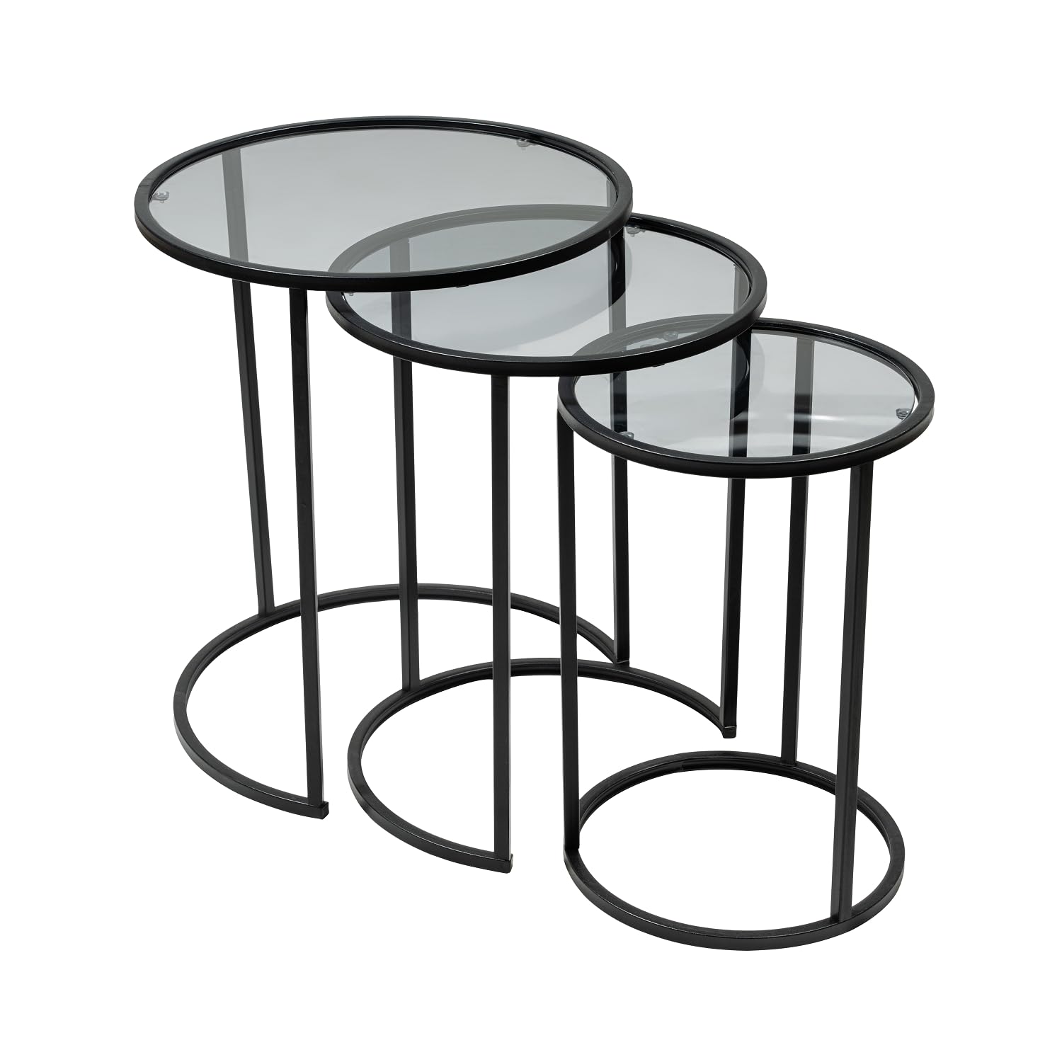 Alya 3-Piece Nesting Table Set - Round Glass End Tables with Black Metal Frame for Living Room - Stylish & Functional Coffee Table Set | Perfect for Small Spaces, Modern Home Decor, and Compact Living Rooms
