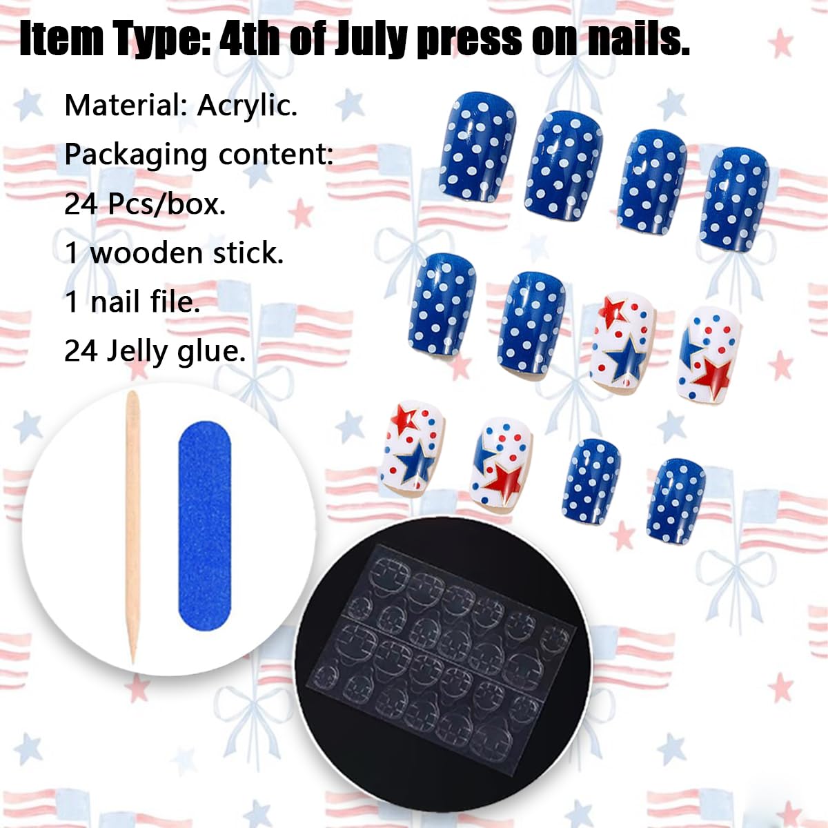 4th of July Press on Nails - Short Round Patriotic Fake Nails with Stars, Stripes & Dots | 24PCS Full Cover Glue on Acrylic Nails for Women & Girls | Perfect for Independence Day Parties, Nail Art & USA Themed Events
