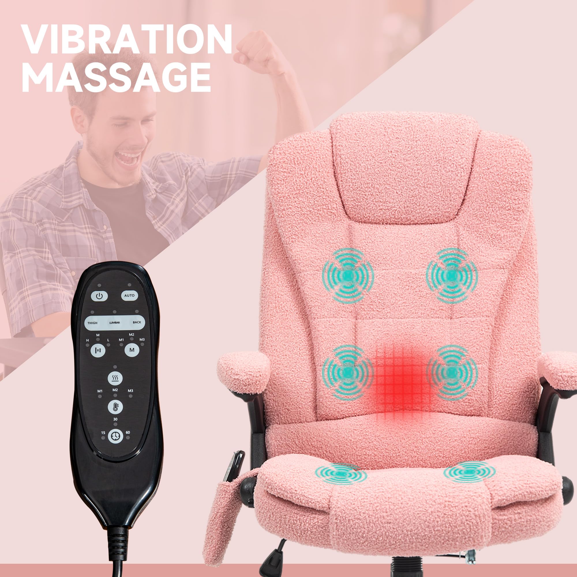 HOMCOM 6-Point Vibrating Massage Office Chair with Heating - Velvet High Back Executive Chair, Reclining Backrest, Padded Armrests & Remote Control (Pink) - Perfect for Home Office, Gaming & Relaxation