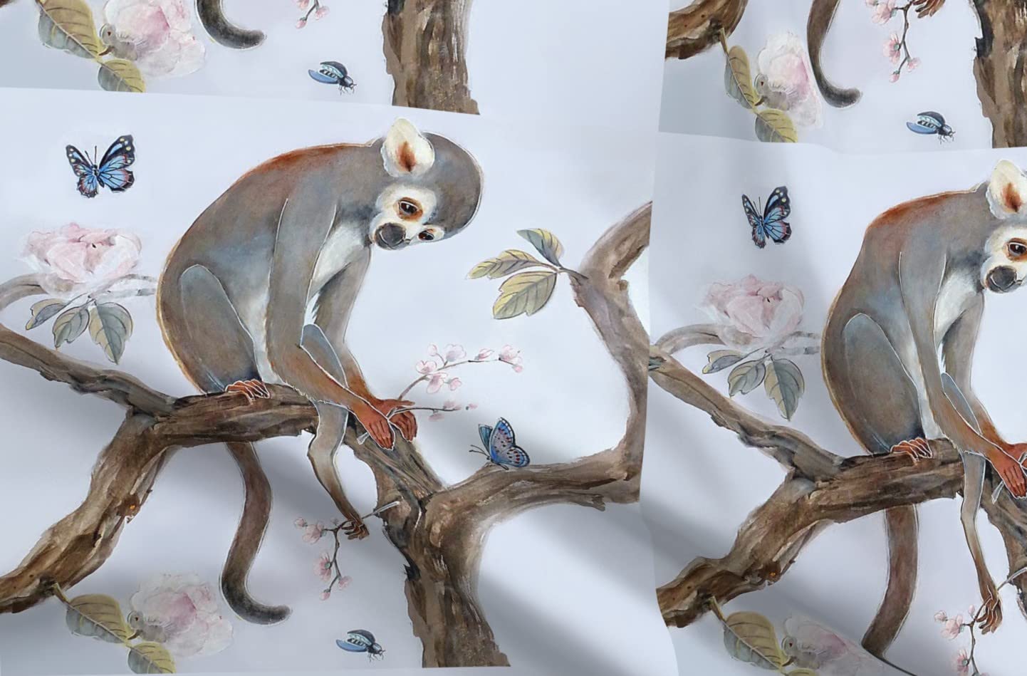 Monkey Cherry Branch Butterflies Birds Aqua Olive Lavender Peonies Printed Petal Signature Cotton Fabric by The Yard - Premium Spoonflower Fabric for Sewing, Quilting, Apparel, Crafts & Home Decor - Perfect for DIY Projects, Curtains & Upholstery