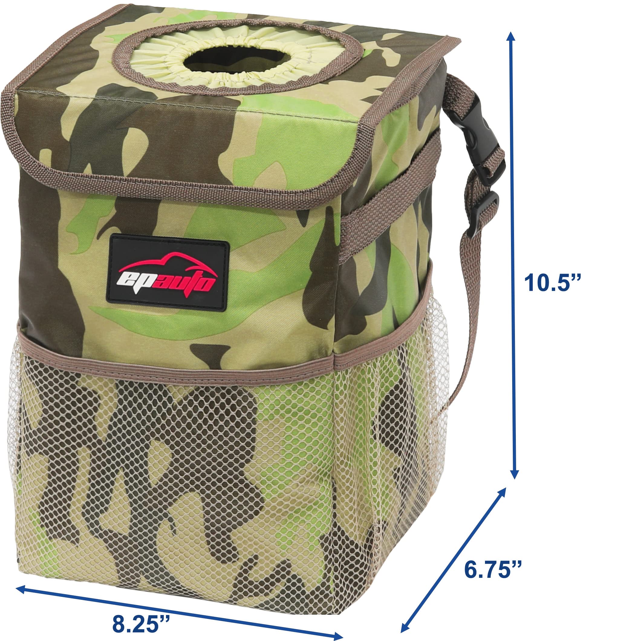 EPAuto Waterproof Car Trash Can with Lid & Storage Pockets - Camouflage Green - Perfect for Road Trips, Camping & Vehicle Organization