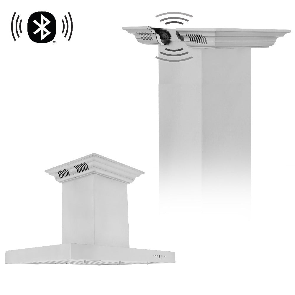 ZLINE Stainless Steel Island Mount Range Hood with Built-in CrownSound Bluetooth Speakers (KE2iCRN BT) - Perfect for Modern Kitchens & Open-Concept Homes