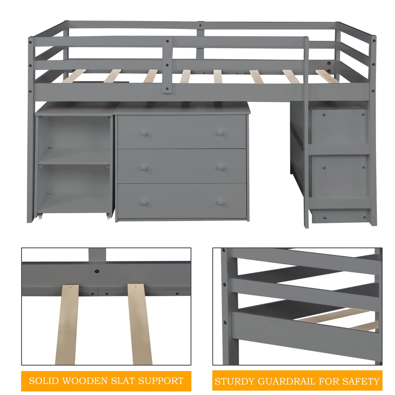 Wooden Low Loft Bed Frame with Storage Cabinet & Rolling Desk for Kids & Teens - Twin Size, Gray - Perfect for Small Bedrooms, Dorm Rooms & Kids' Spaces