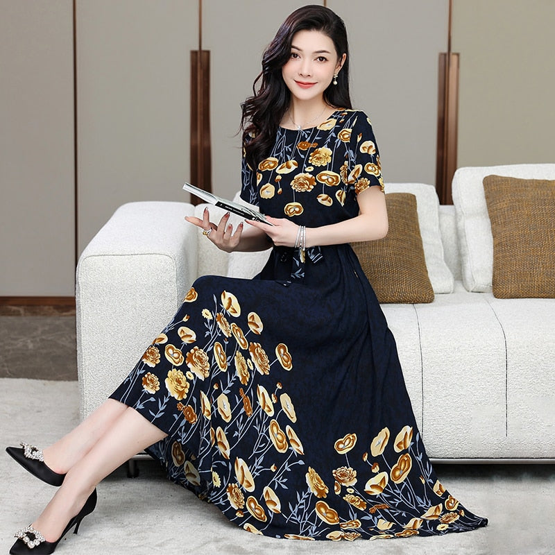 Floral Print O-Neck Women's Dresses - Elegant & Comfortable for Casual Wear, Office, and Special Occasions