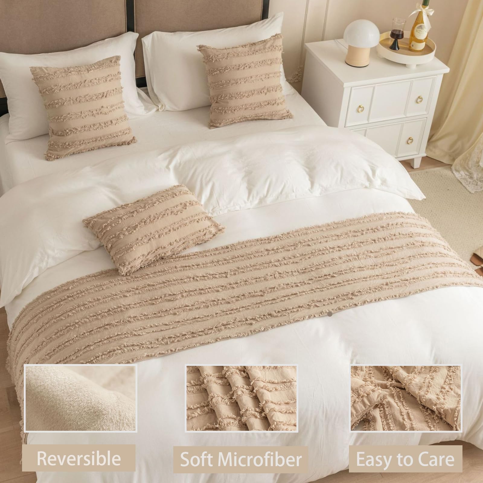 Boho Tufted Reversible Beige Bed Runner Scarf - King Size (95