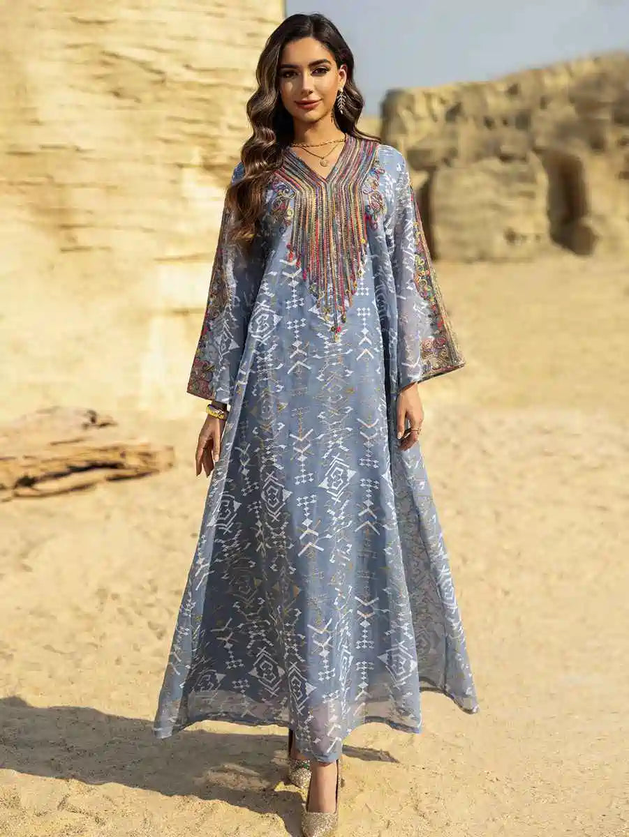 Elegant Eid Dress with Embroidery Applique - Flowy Caftan Kaftan Maxi Dress #25468 for Women - Perfect for Holiday Celebrations, Parties & Special Occasions