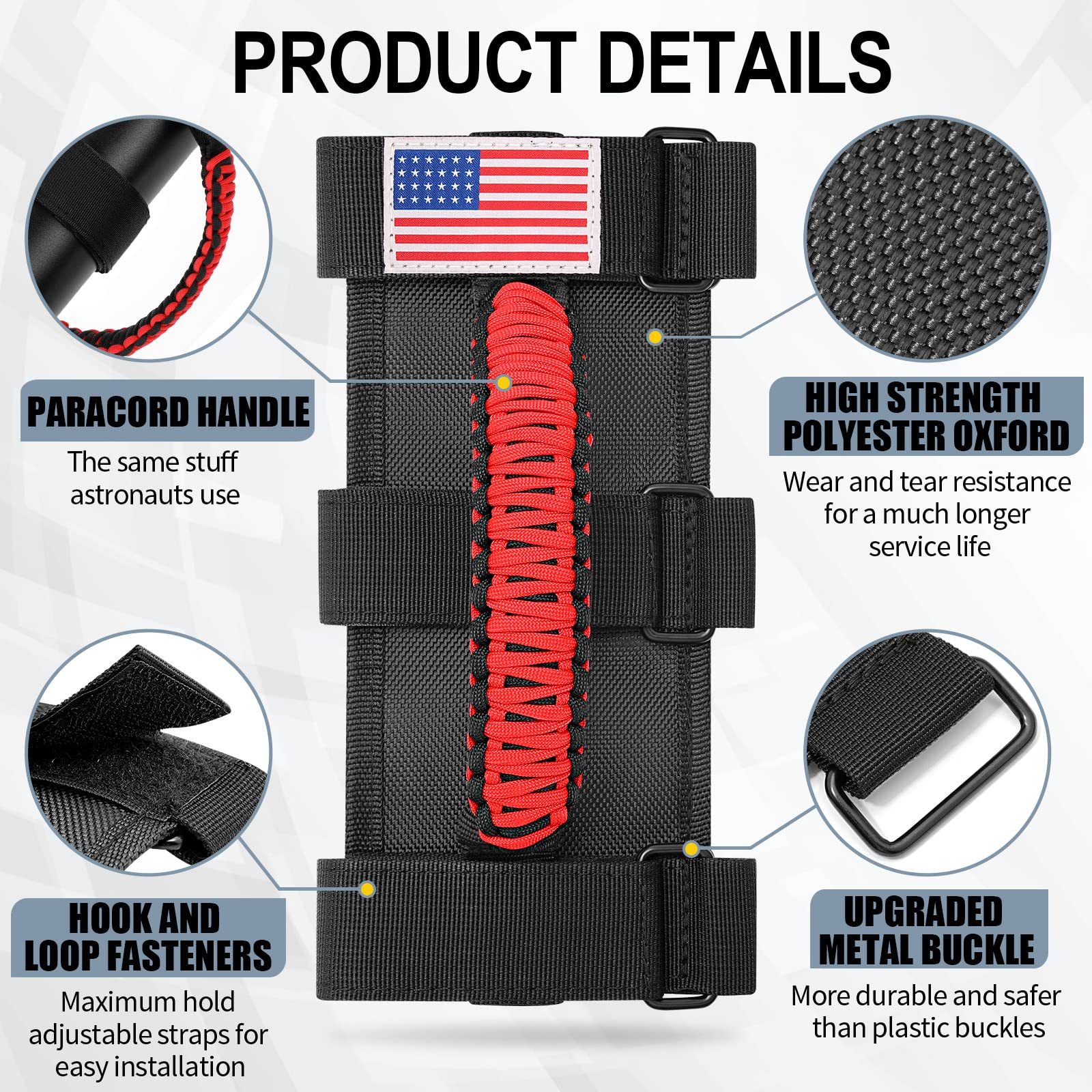 4 Pack Roll Bar Grab Handles for Jeep Wrangler JL JK TJ YJ & Gladiator (1955-2023) - Heavy Duty Paracord Grip with Metal Buckle - Durable Off-Road Accessories (Red) - Perfect for Trail Riding & Adventure Trips