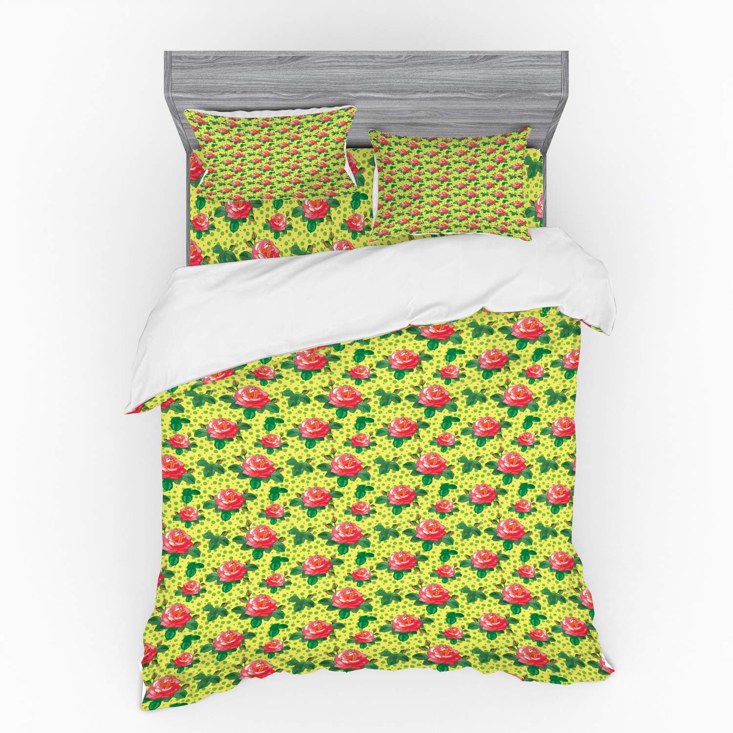 Ambesonne Vintage Rose Duvet Cover Set - 4 Piece Queen Size Bedding with Shams & Fitted Sheet, Floral Polka Dot Design in Forest Green & Dark Coral - Perfect for Romantic Bedroom Decor, Guest Room or Master Suite