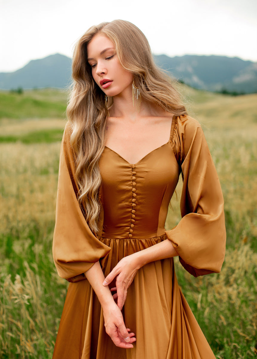 Lorna Impact Dress in Dark Honey - Elegant Women's Flowy Midi Dress for Casual Wear, Date Night & Special Occasions