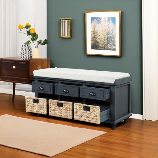 Rustic Entryway Storage Bench with Drawers & Baskets - for Shoes & Living Room Storage