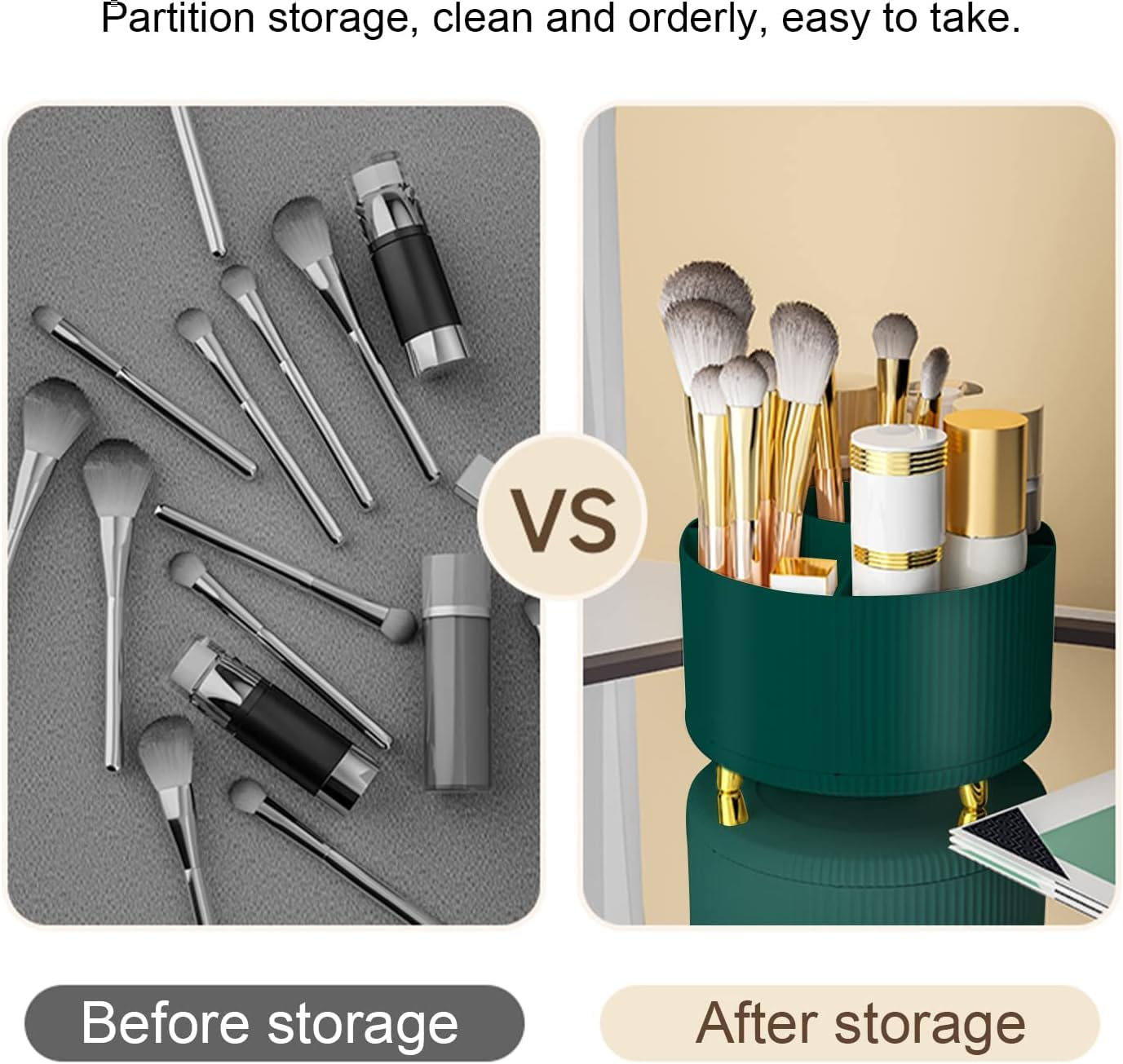 FreshDcart Stylish 5-Slot Rotary Makeup Organizer with Round Tray & Brush Holder - Dark Green Cosmetic Storage for Office Desk, Vanity, Bathroom | Perfect for Makeup Brushes, Lipsticks, Eyeliners & Beauty Tools Organization